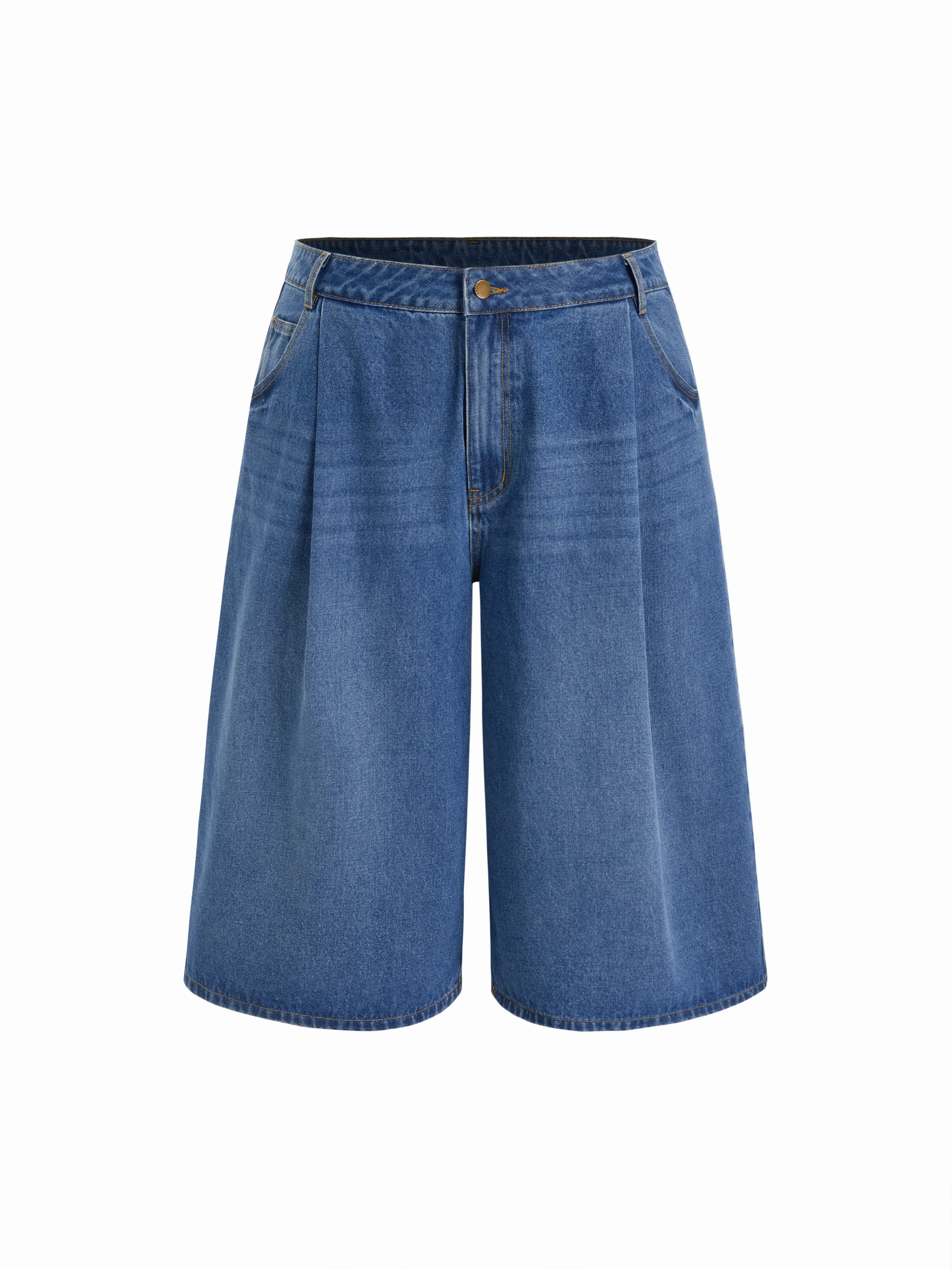 Washed Denim Mid Rise Strawberry Graphic Wide Leg Bermuda Shorts Curve & Plus