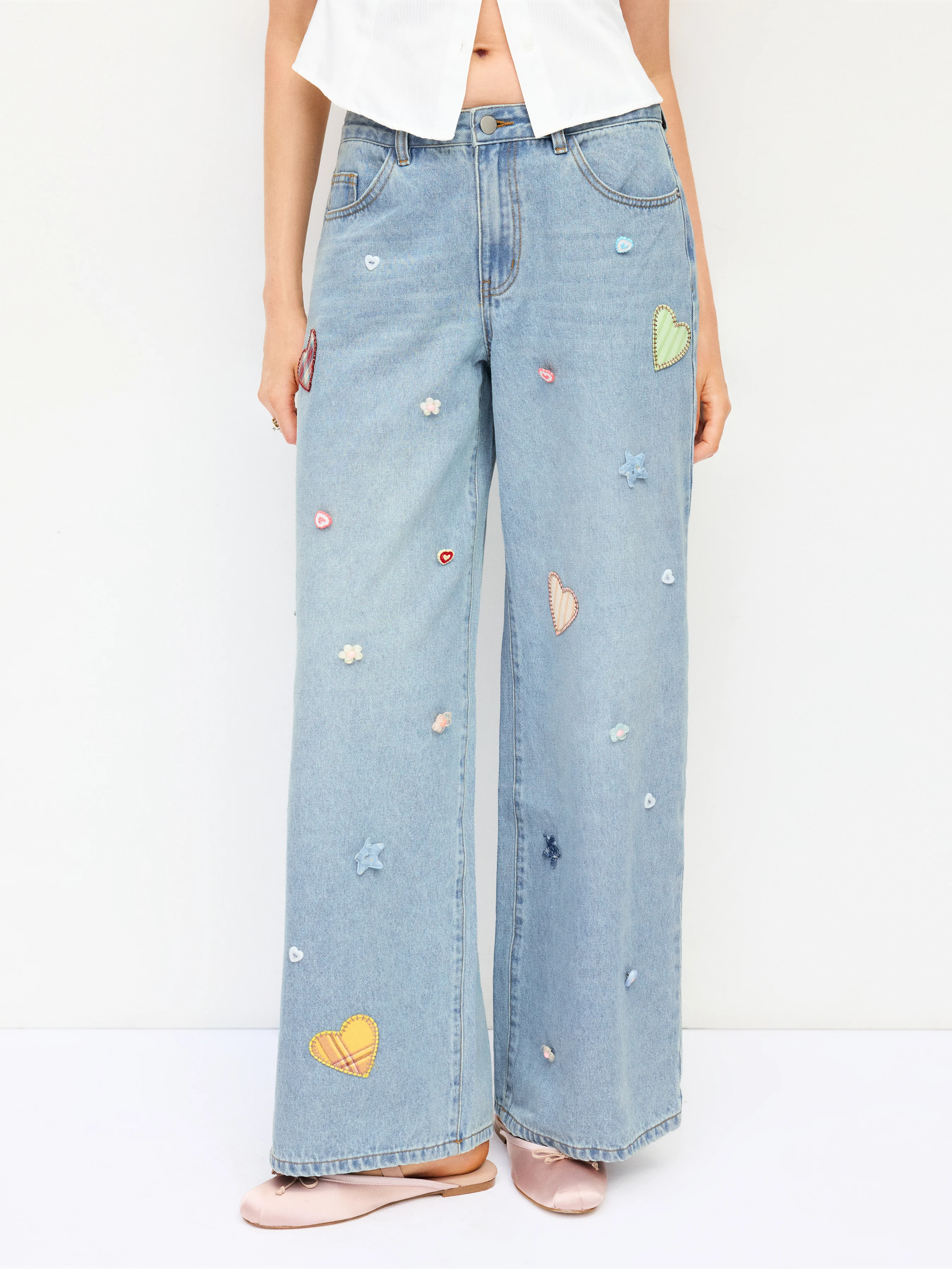 Denim Low Rise Heart & Star Graphic Applique Wide Leg Jeans
