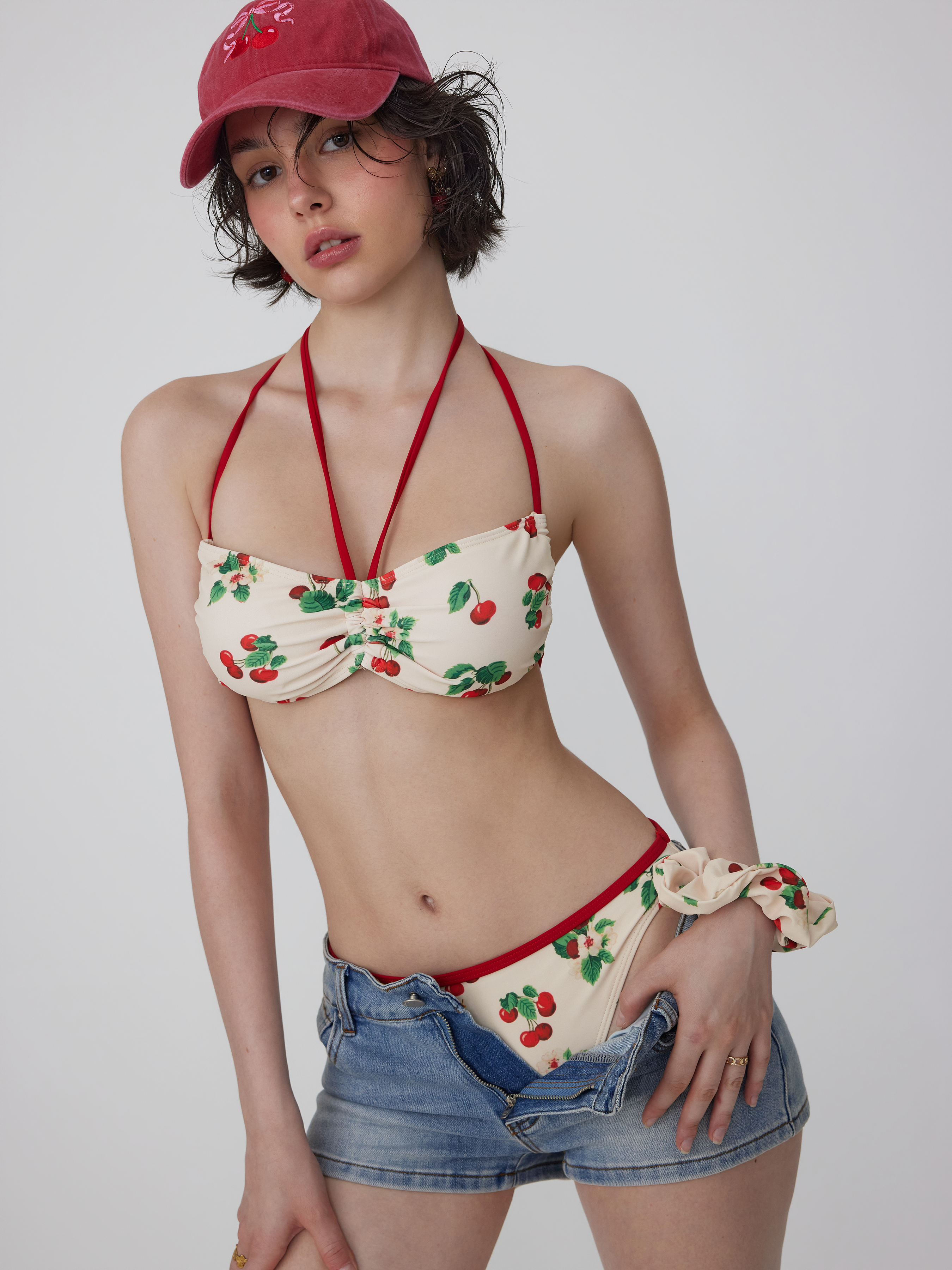 Halter Neckline Cherry Graphic Contrasting Binding Bracelet Bikini Set With Hair Scrunchie