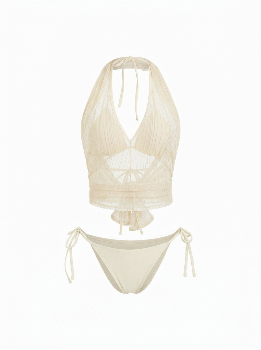 Tie Side Bikini Set with Glitter Asymmetrical Cover Up Cape Top