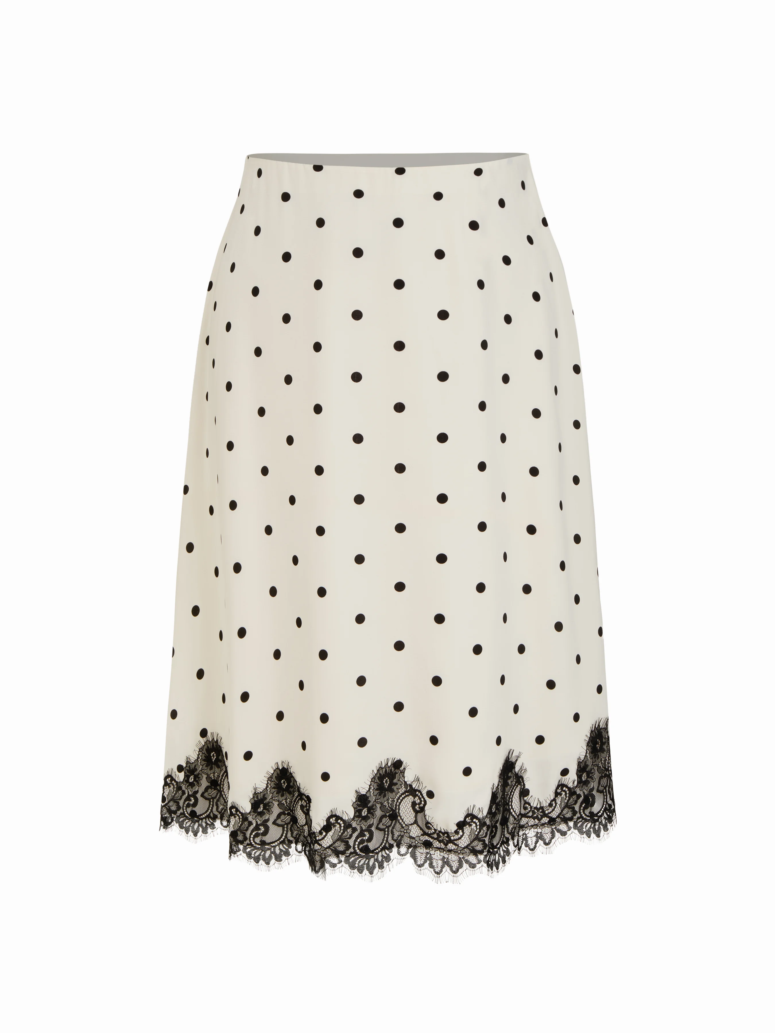 Satin Mid Rise Polka Dot Lace Trim A-line Midi Skirt Curve & Plus
