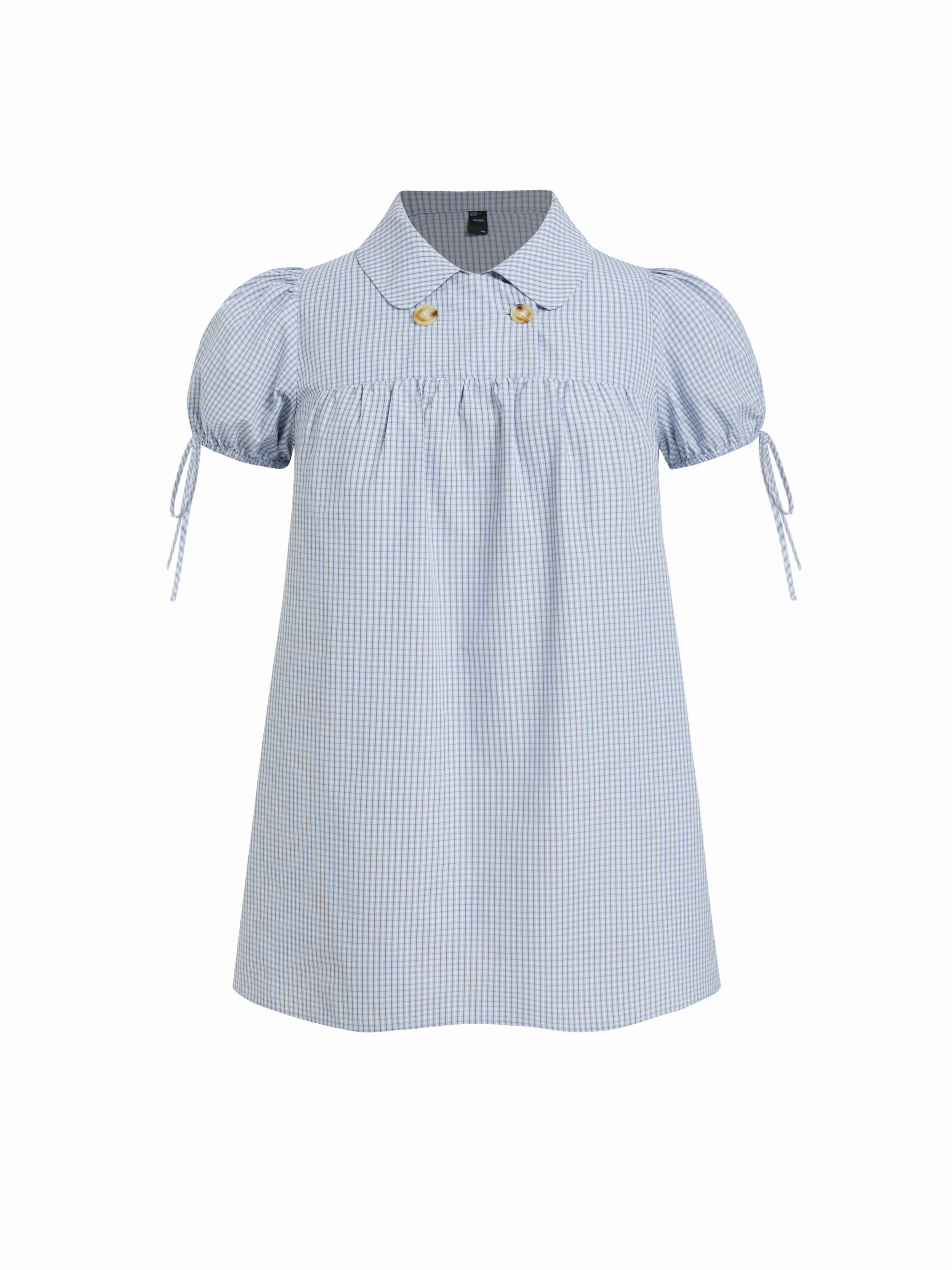 Cotton-blend Peter Pan Collar Puff Sleeve Check Smock Drawstring Mini Dress Curve & Plus