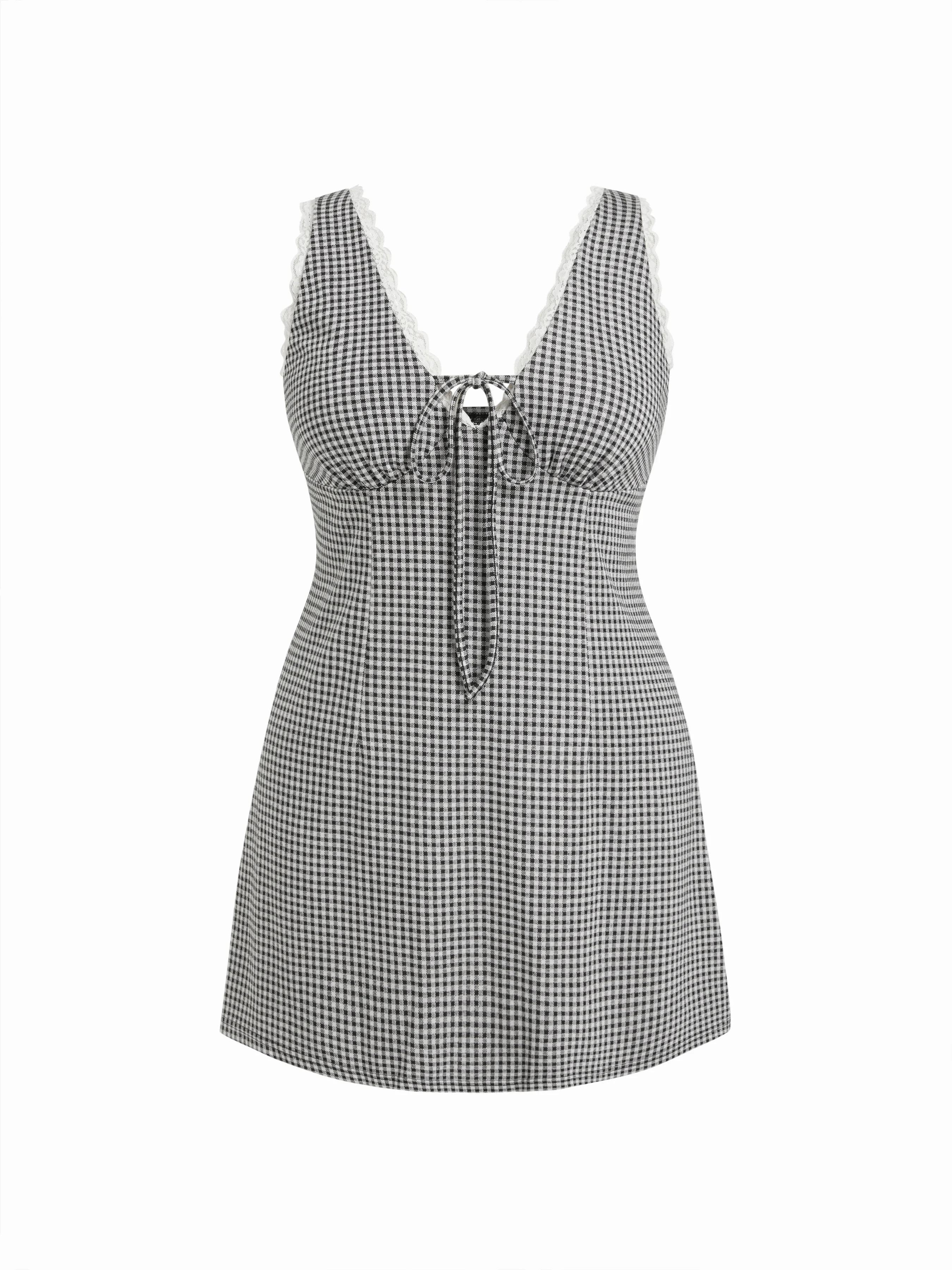 Gingham V-neck Lace Panel Slim A-line Mini Dress Curve & Plus