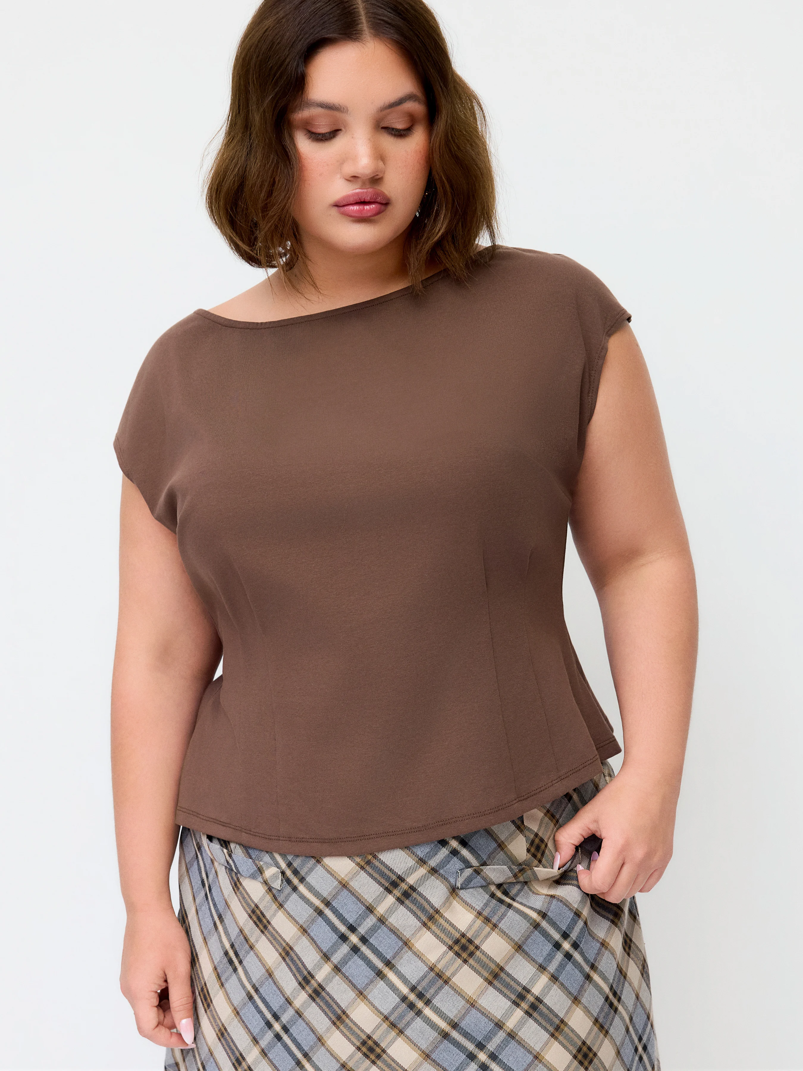 Cotton-blend High Stretch Boat Neck Short Sleeve Tee Curve & Plus