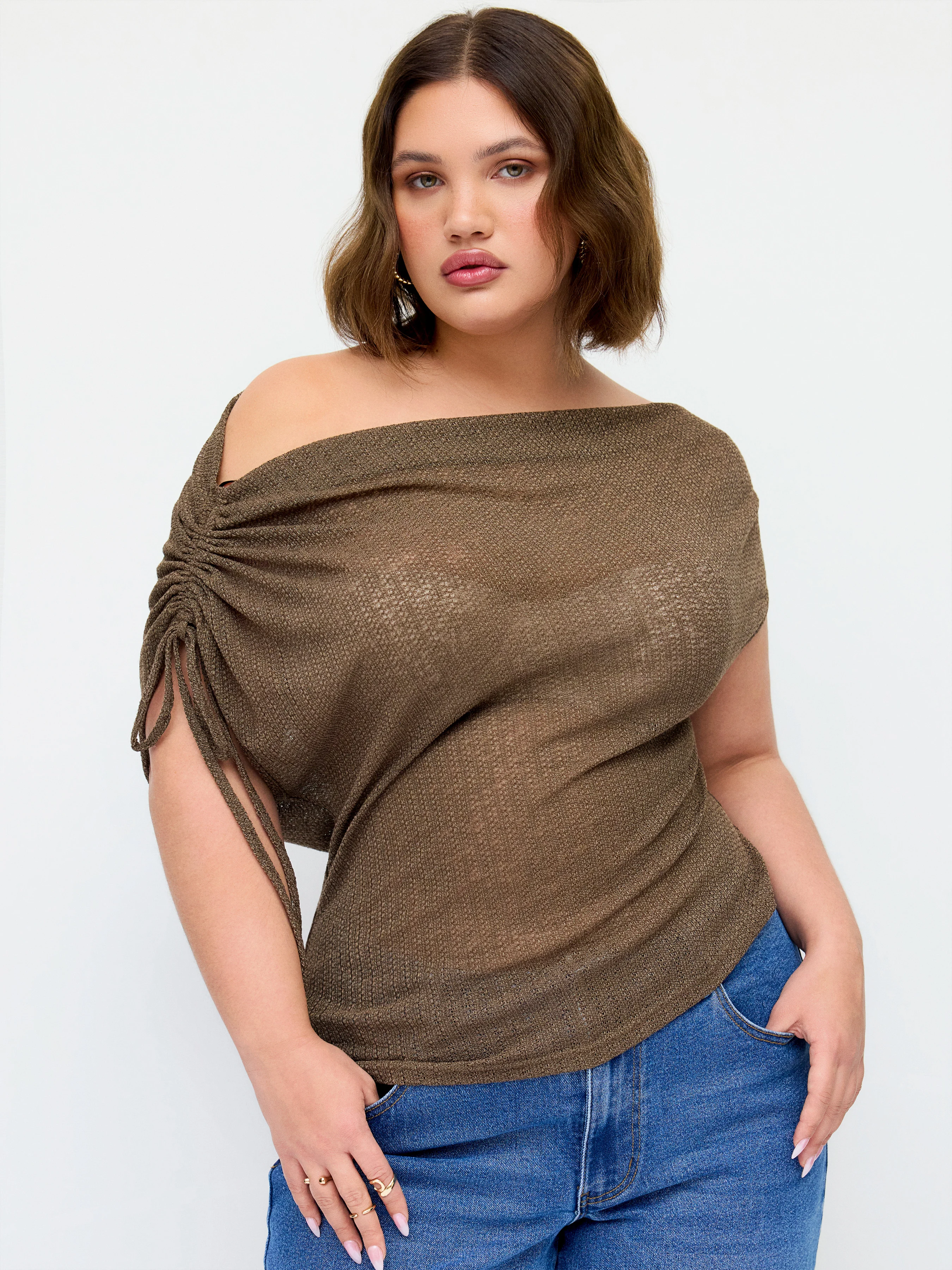 Linen-blend See-Through Off-shoulder Drawstring Top Curve & Plus