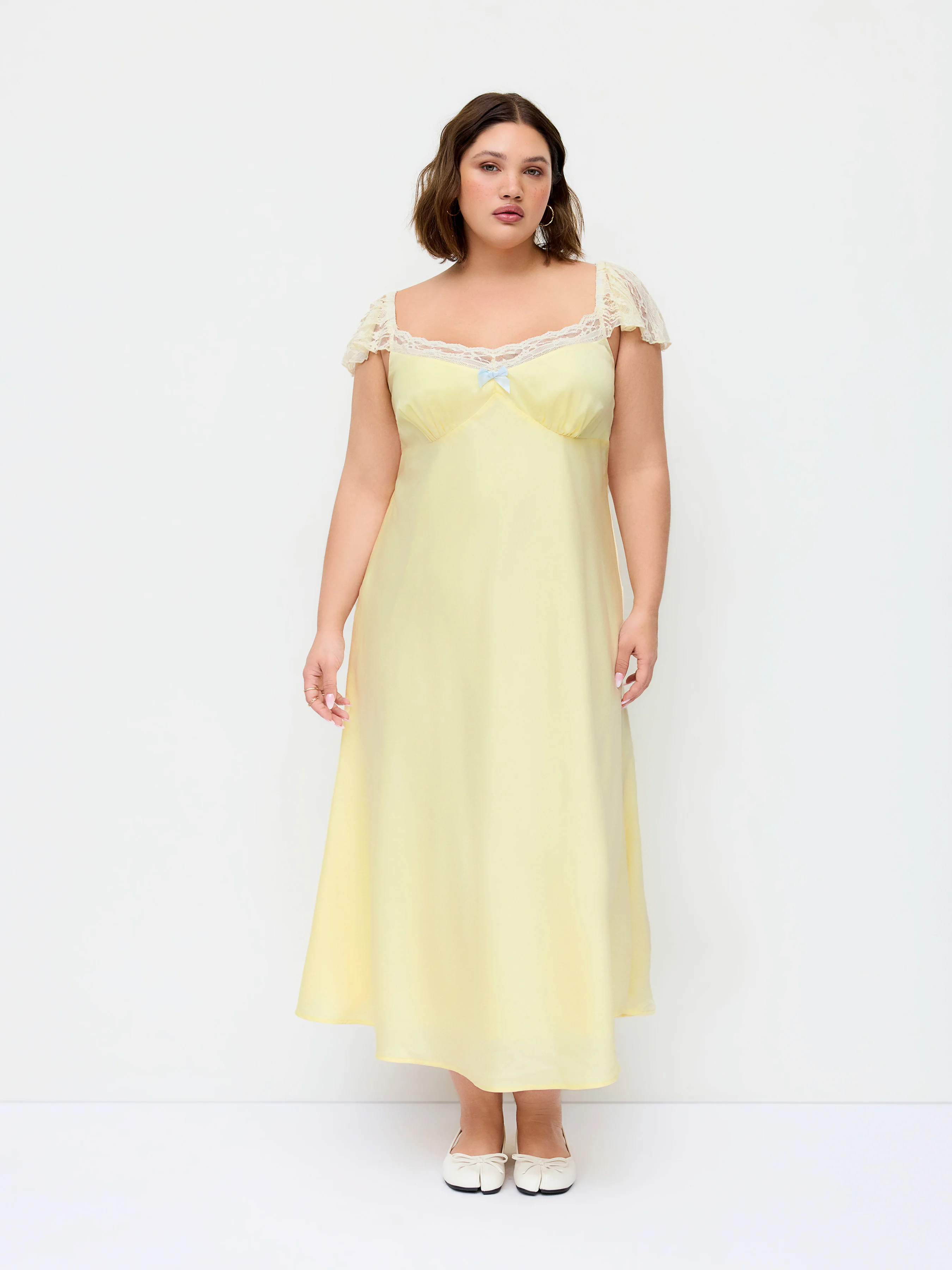 Satin Sweetheart Ruffle sleeve Lace Panel Bowknot Ruched Mermaid Maxi Dress Curve & Plus