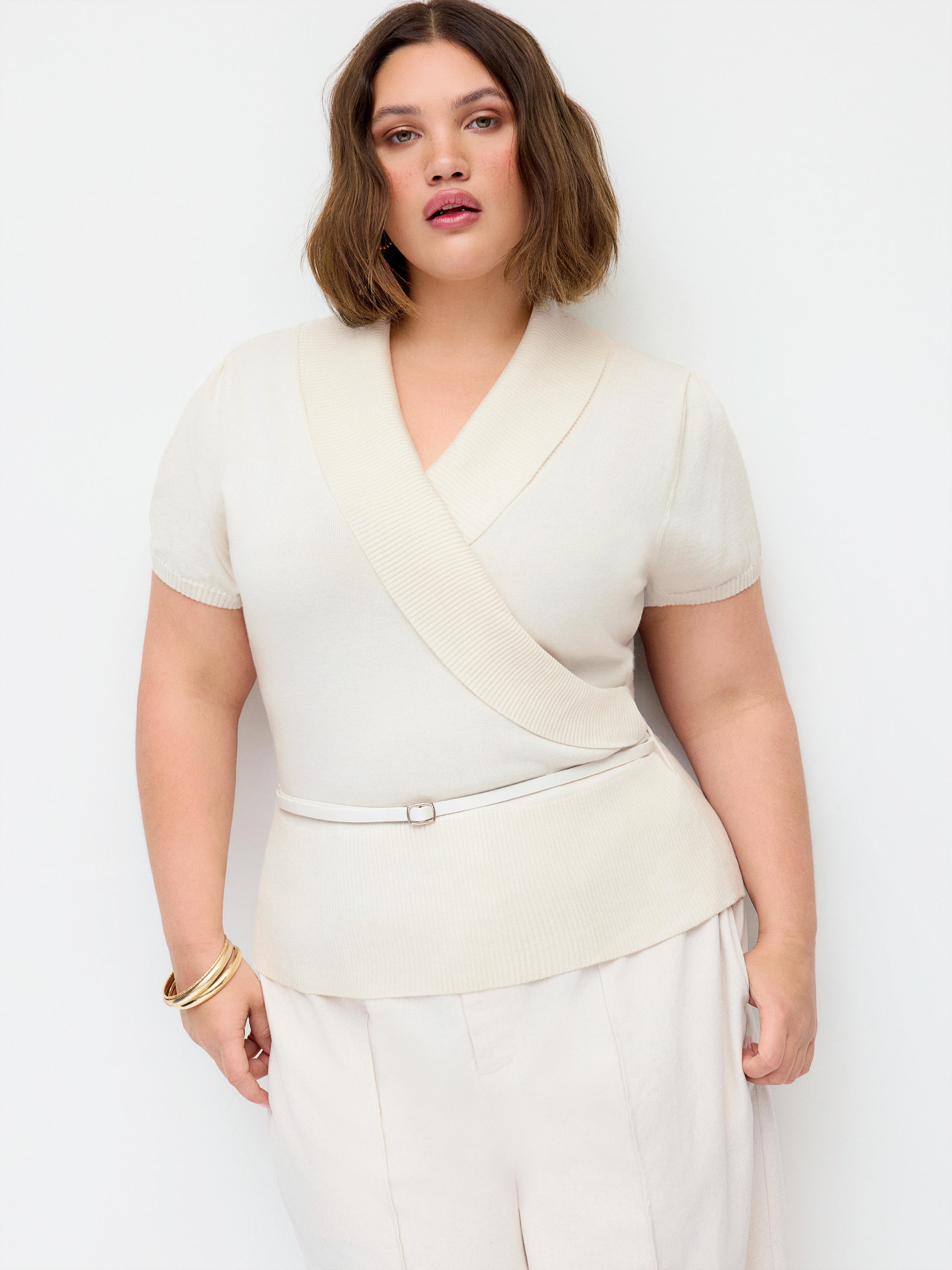 Knit V-neck Wrap Short Sleeve Top With Belt Curve & Plus