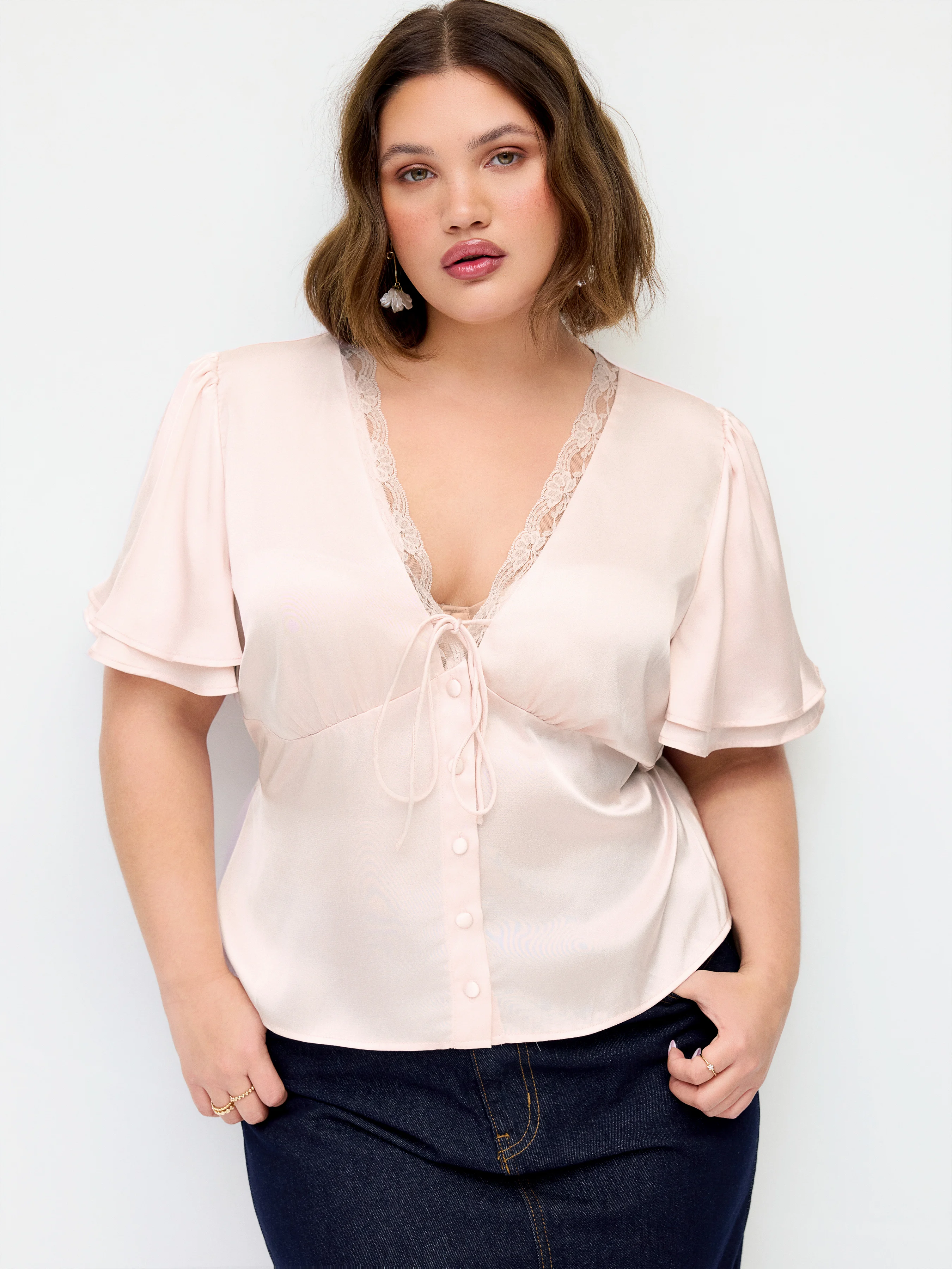 Lace Trim V-Neck Drawstring Short Sleeve Blouse Curve & Plus