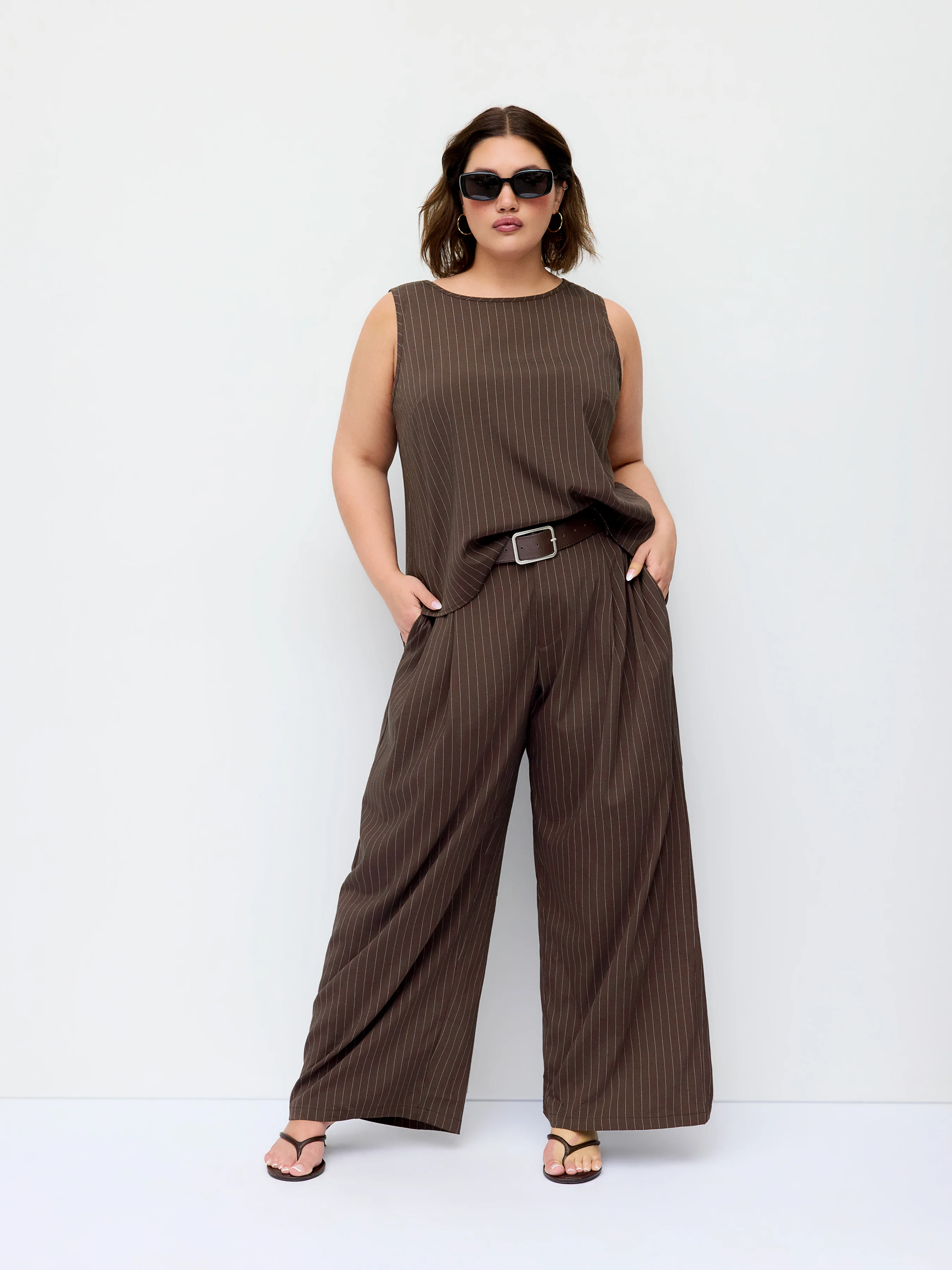 Striped Sleeveless Top & Mid Rise Wide Leg Belted Trousers Set Curve & Plus