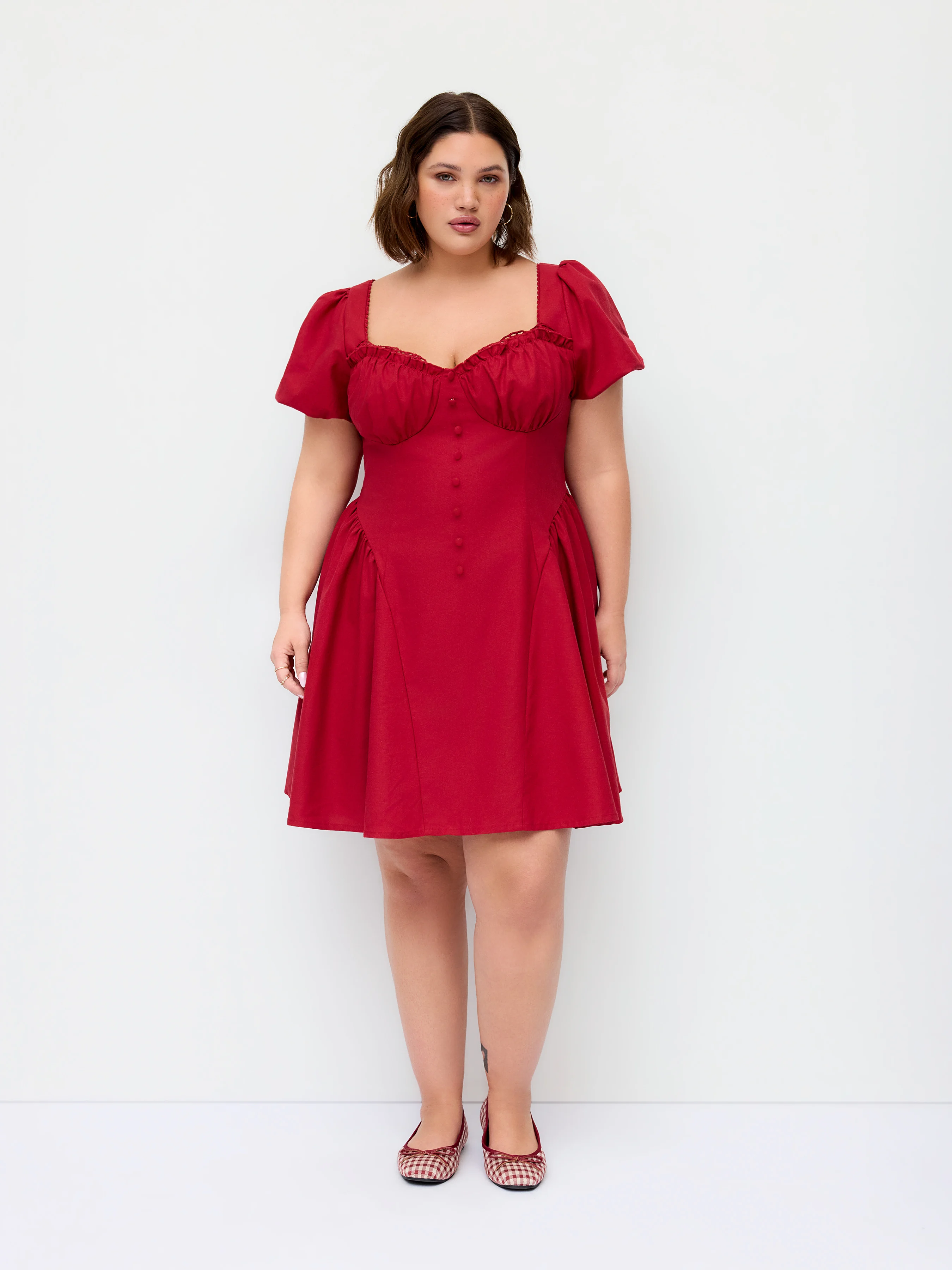 Linen-blend Sweetheart Neckline Puff Sleeve Ruched Babydoll Mini Dress Curve & Plus