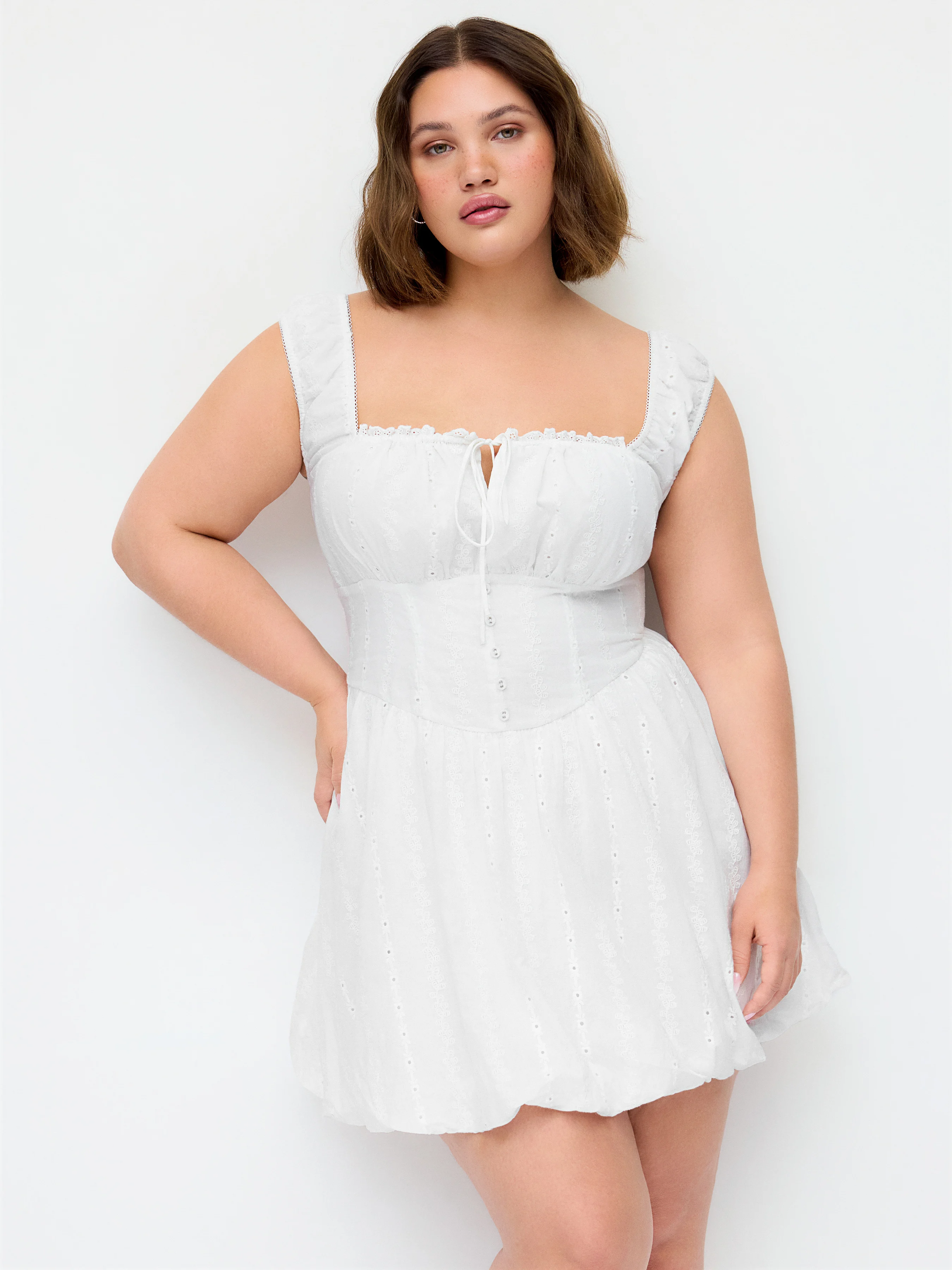 Cotton-blend Sculptural Broderie Anglaise Tie Front Bubble Hem Shirred Mini Dress Curve & Plus