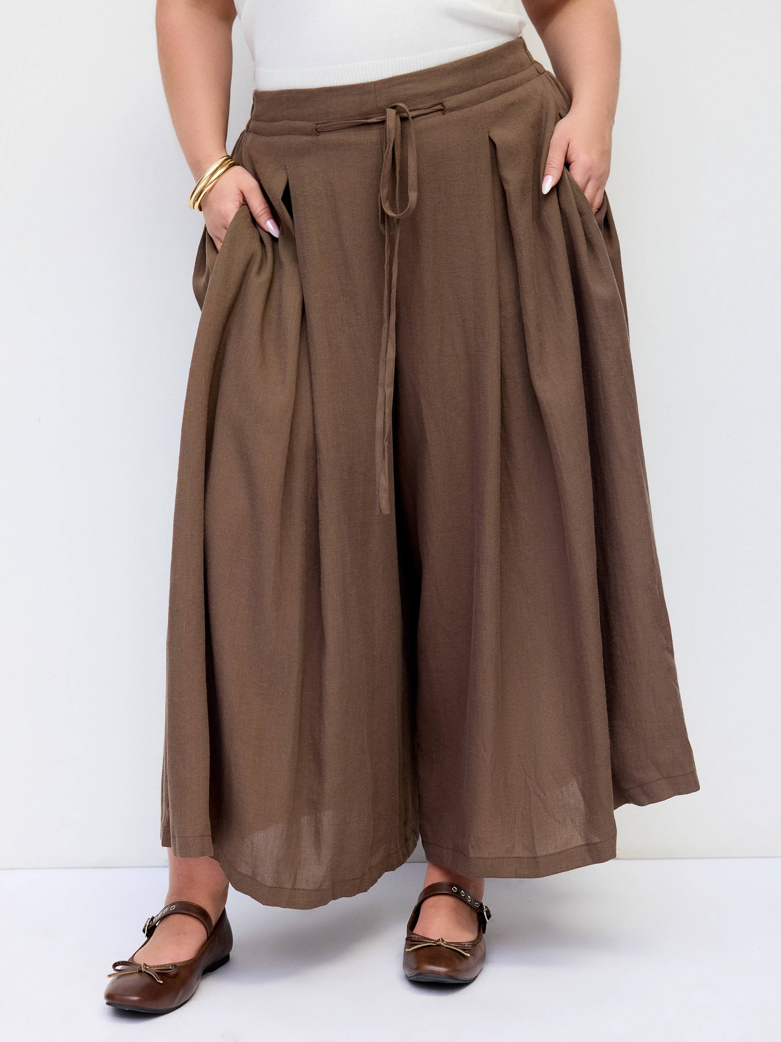 Linen-blend Low Rise Drawstring Wide Leg Cropped Trousers Curve & Plus
