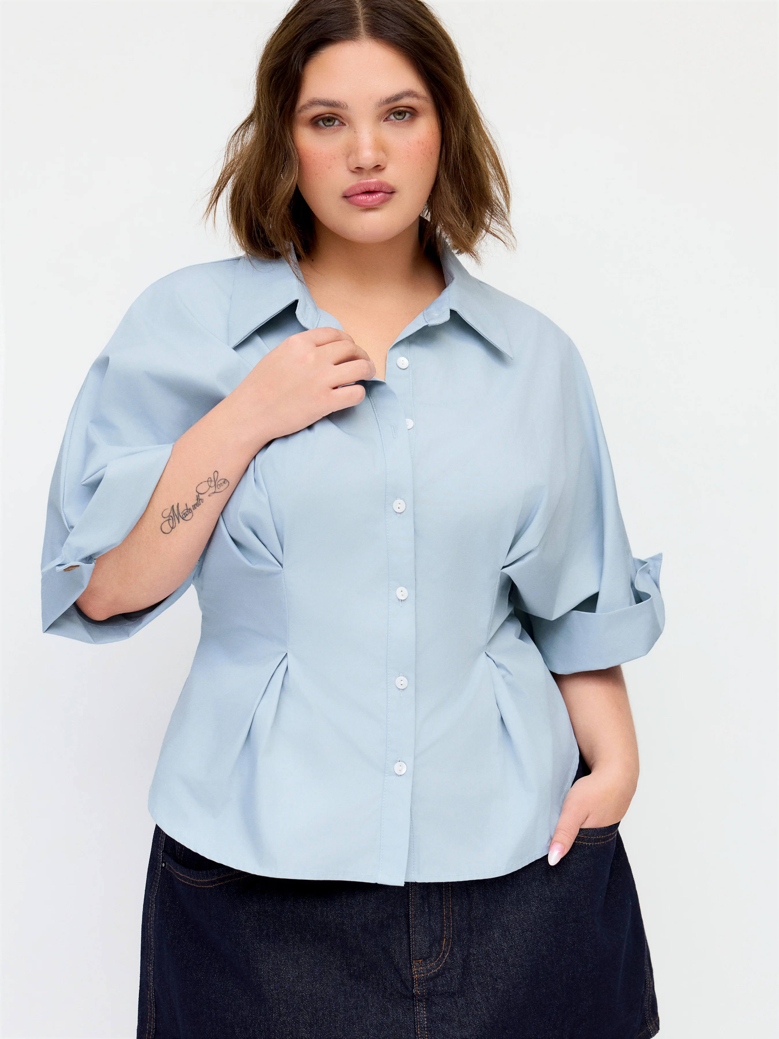 Cotton-blend Ruched Batwing Sleeve Blouse Curve & Plus