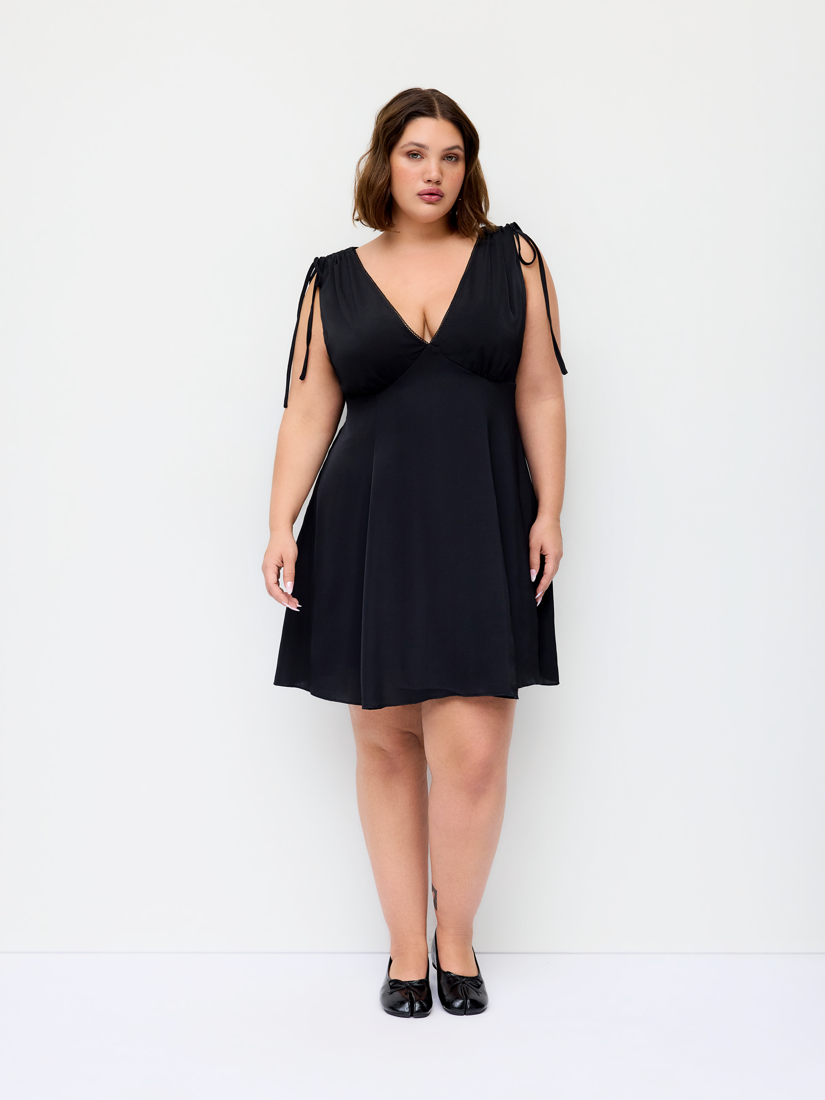 Satin V-neck Drawstring A-line Mini Dress Curve & Plus