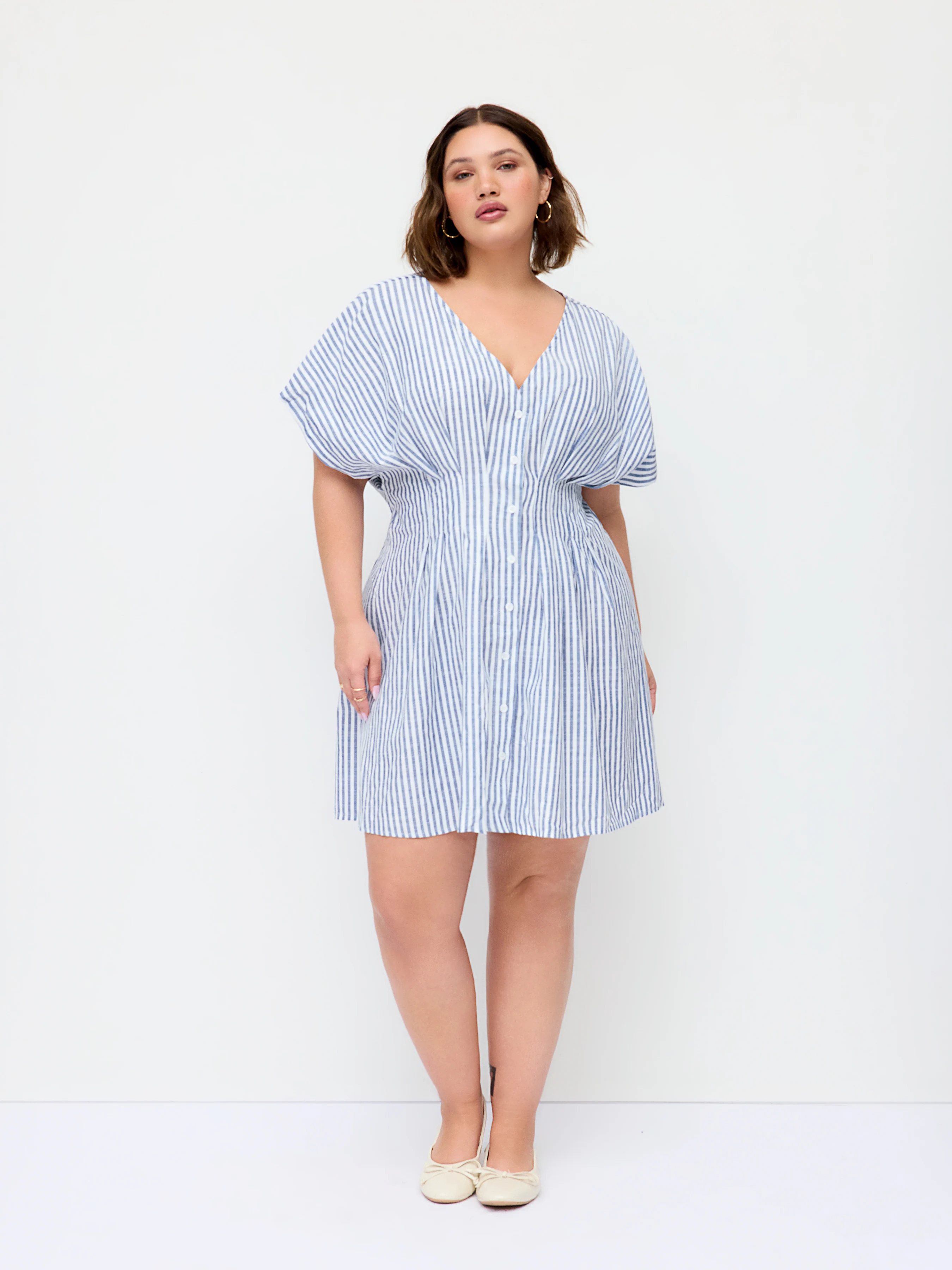 Cotton-blend V-neck Stripe Pleated Cinched Waist Mini Dress Curve & Plus