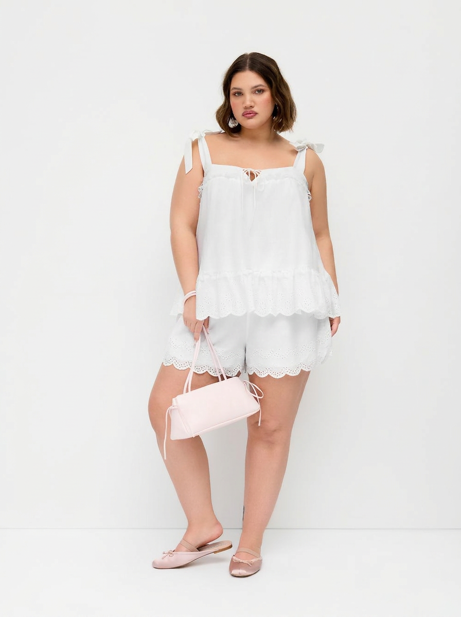 Cotton Broderie Anglaise Lace Trim Bowknot Top & Mid Rise Elastic Waist Shorts Set Curve & Plus