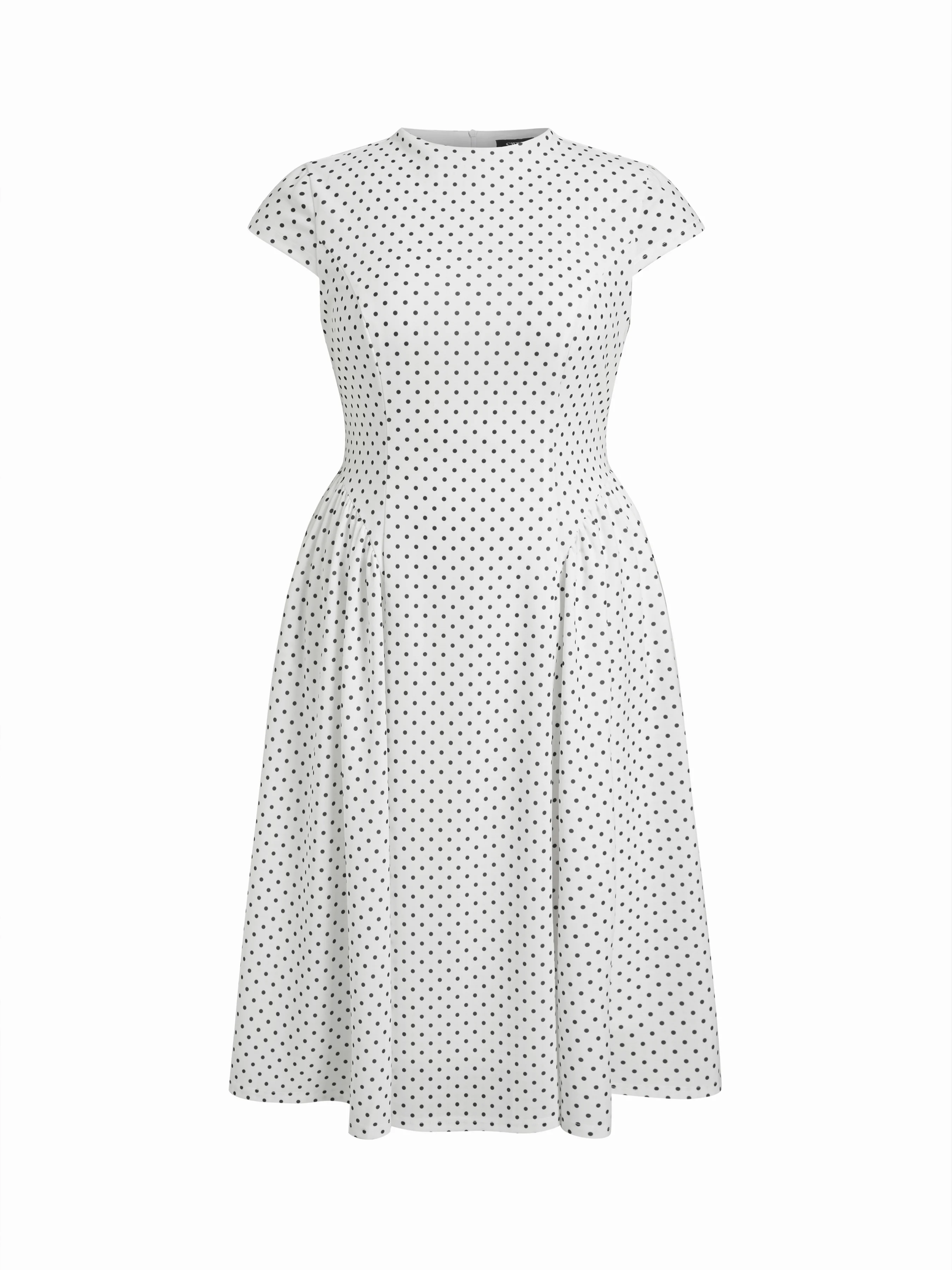 Sculptural Polka Dot Stand-Collar Flared Midi Dress Curve & Plus