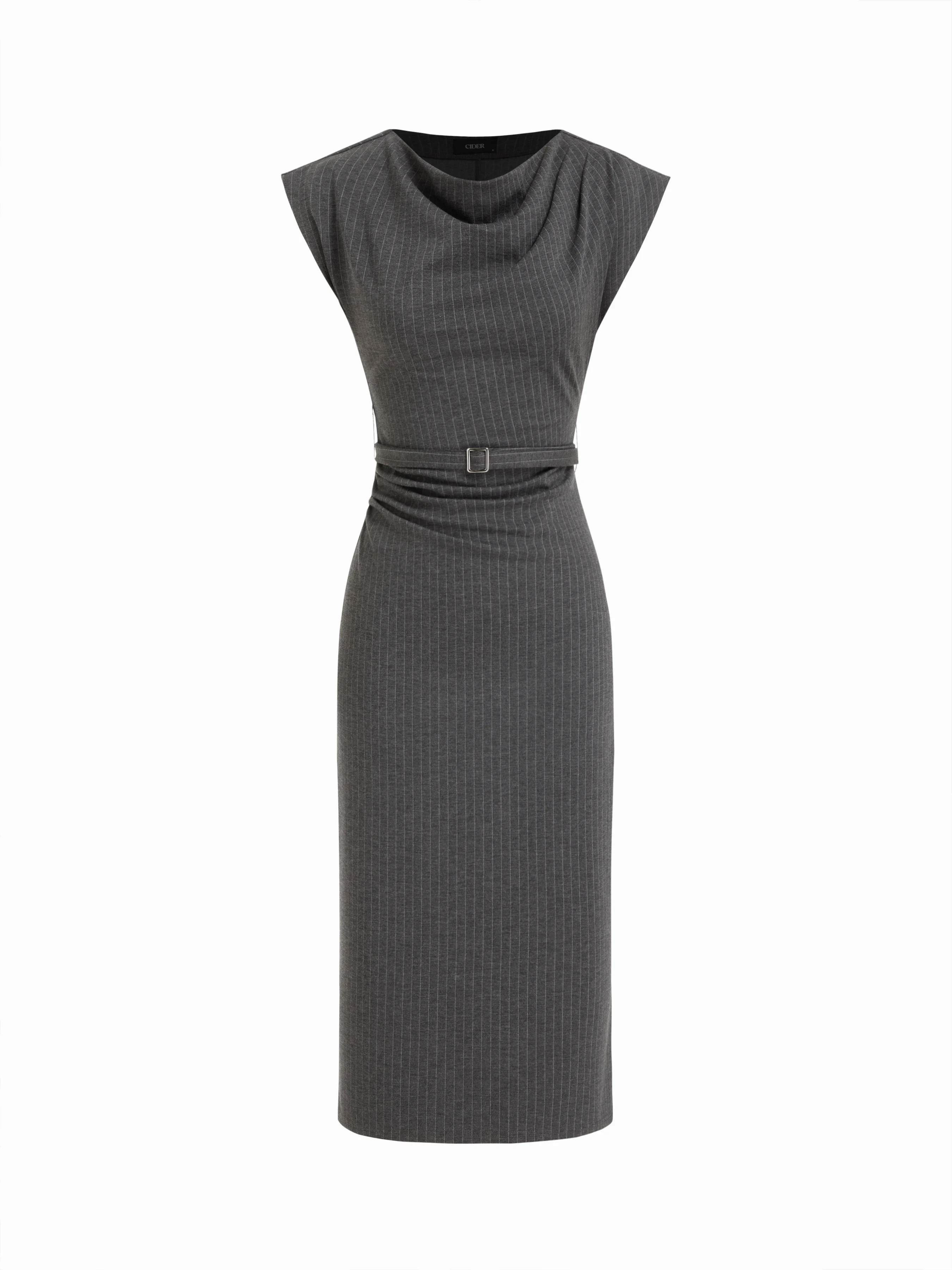 Striped Cowl Neck Belted Ruched Straight Midi Dress
