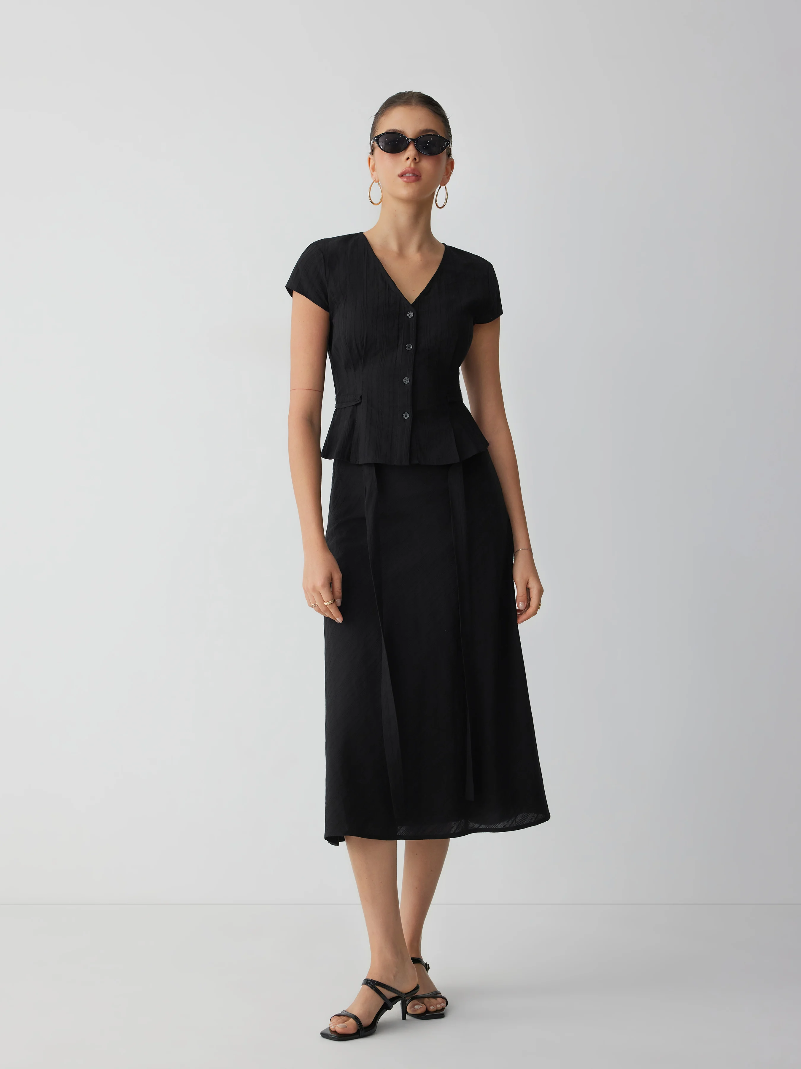 Cotton V-Neck Button Front Peplum Top & Mid Rise A-line Maxi Skirt Set With Belt