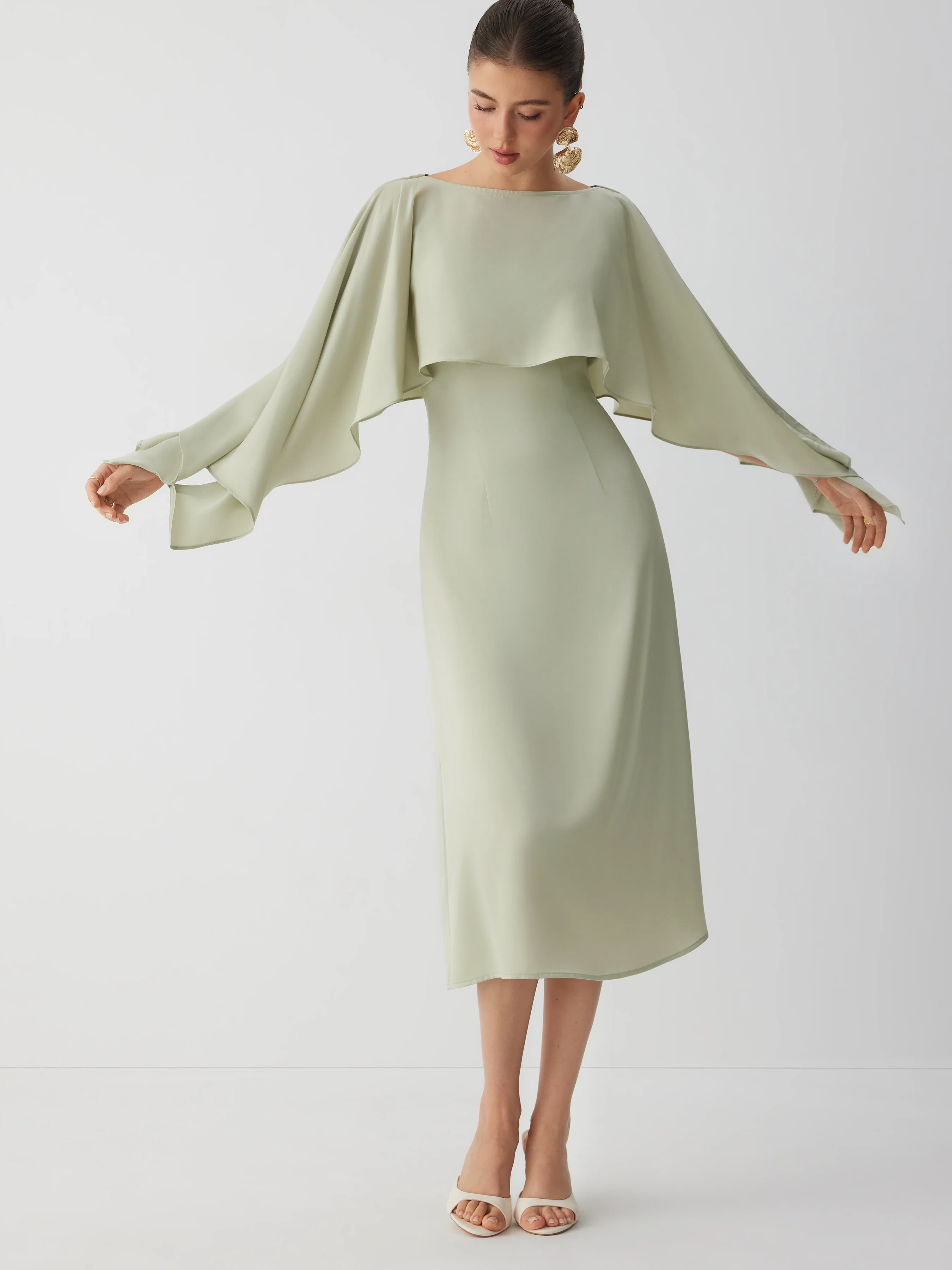 Satin Boat Neck Cloak Sleeve Bolero Flared Maxi Dress