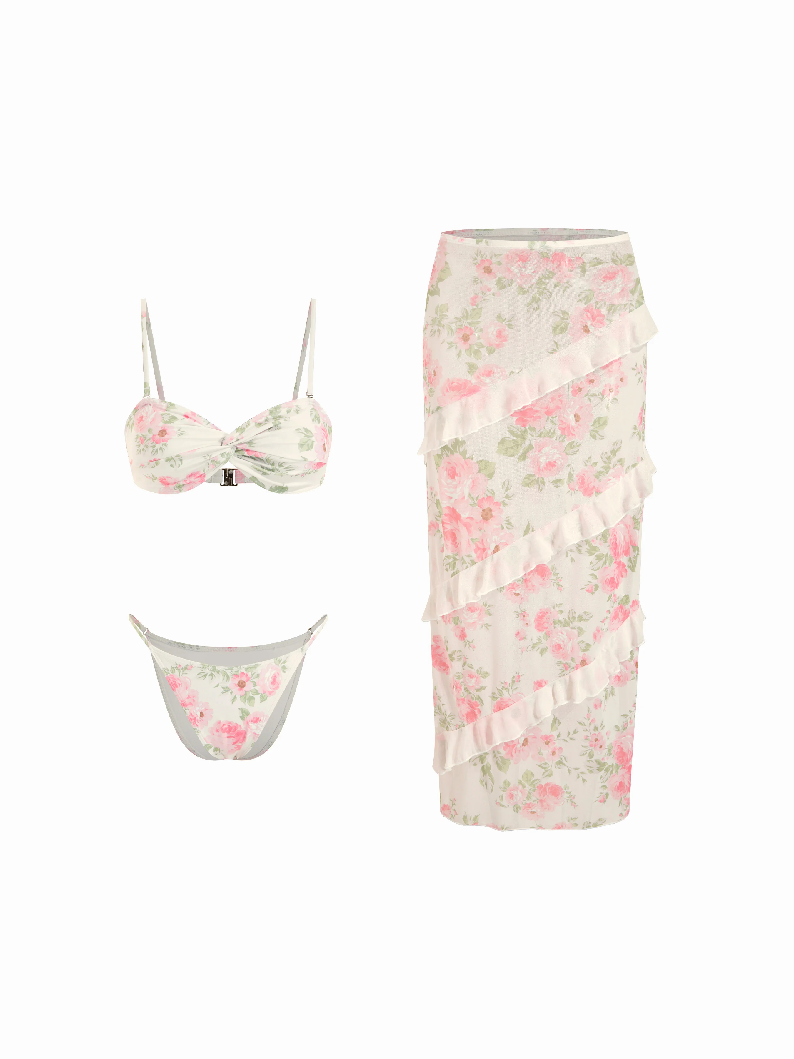 Sweetheart Floral Metal Detail 3 Piece Bikini Set With Ruffle Maxi Skirt