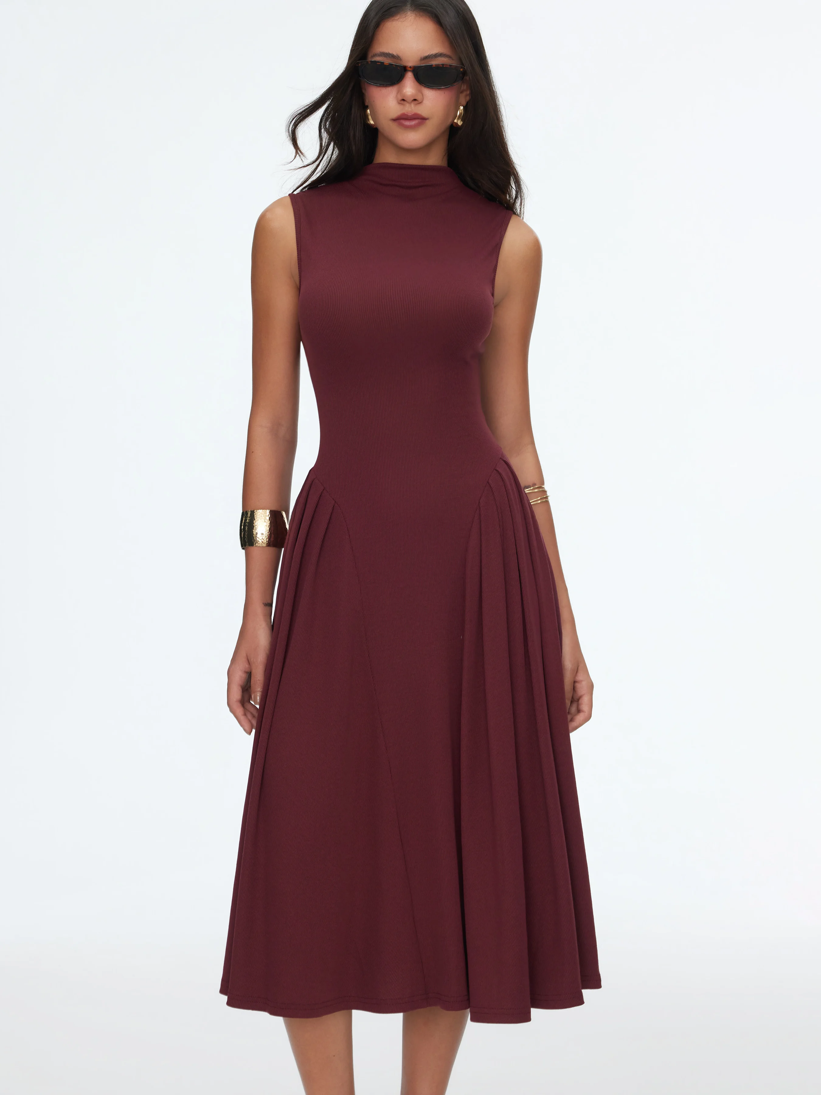 High Neck Solid Pocket Ruffle Midi Dress