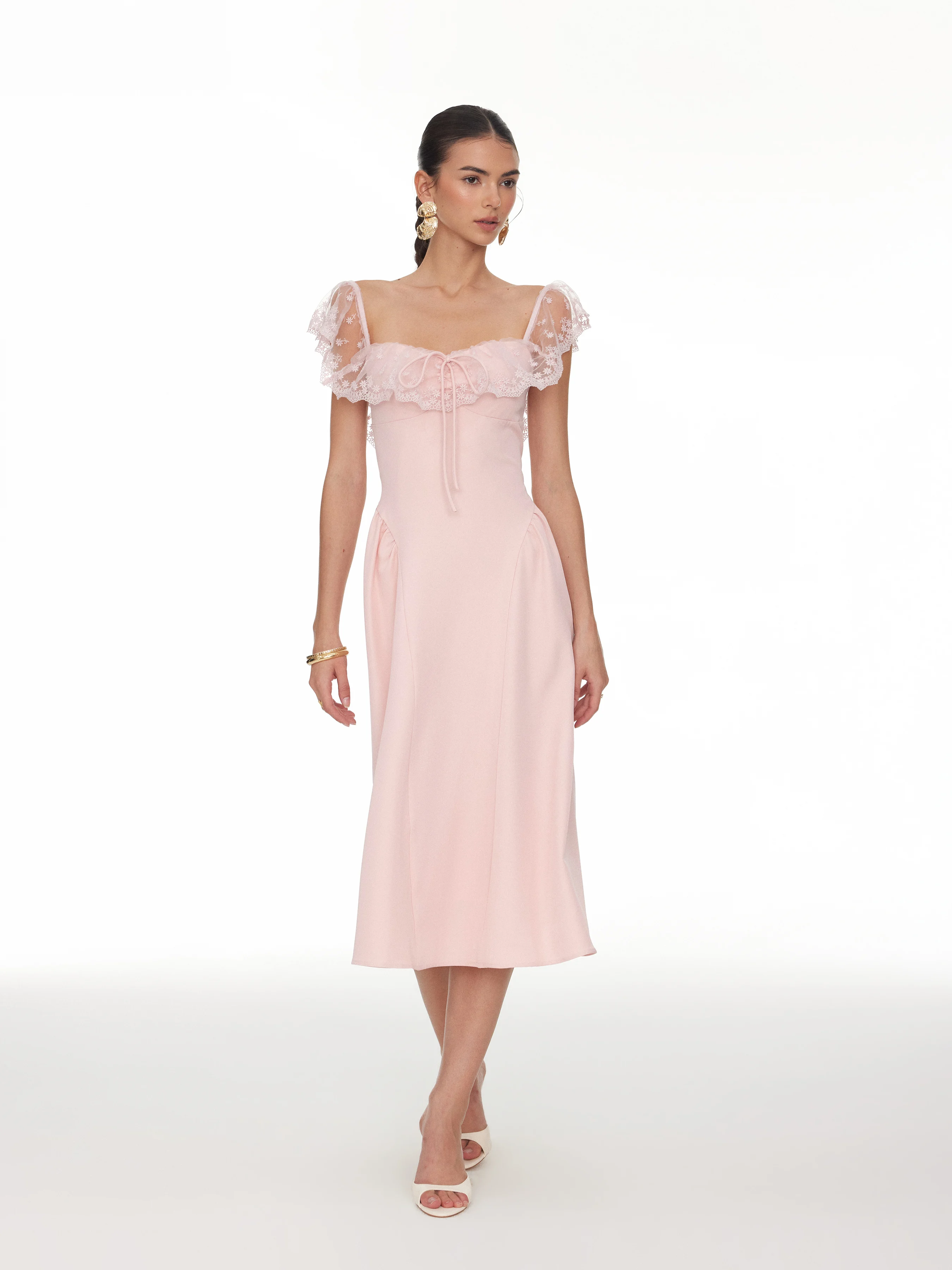 Lace Ruffle Sweetheart Neck Bowknot A-Line Midi Dress