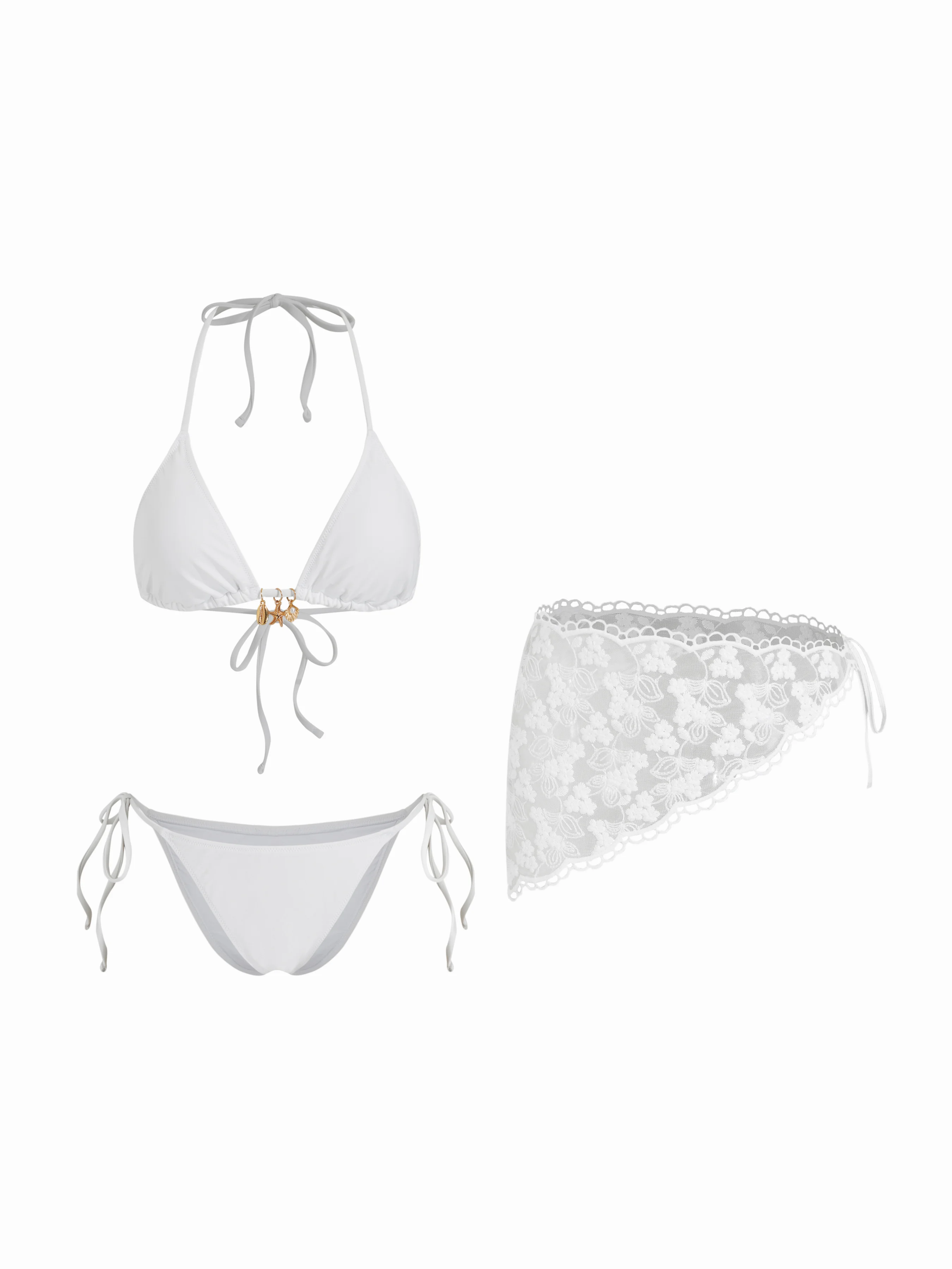 Halter Neckline Charm Detail Triangle Tie Side Bikini Set With Lace Sarong