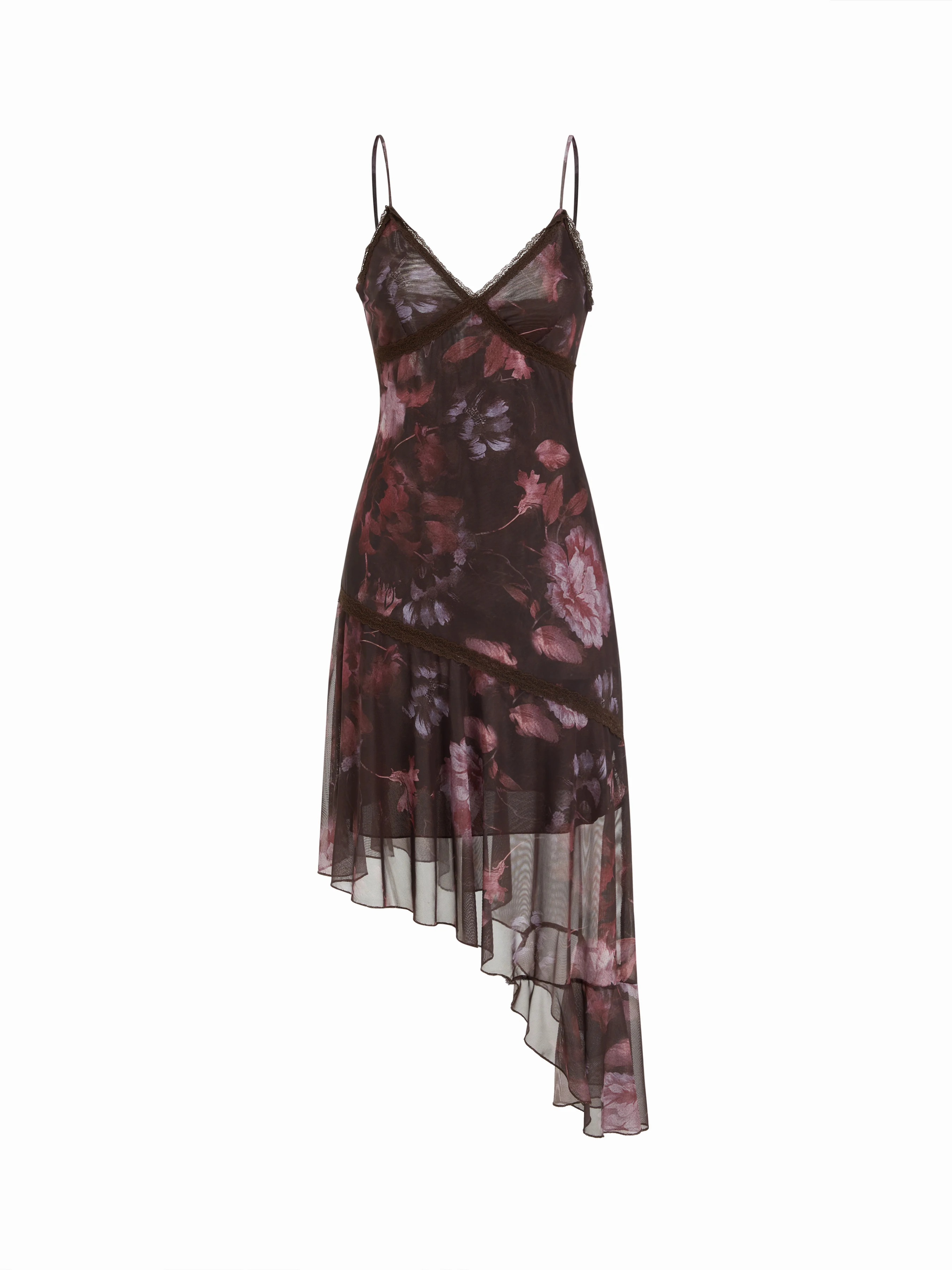 Mesh Floral V-neck Lace Trim Asymmetrical Hem A-line Midi Dress