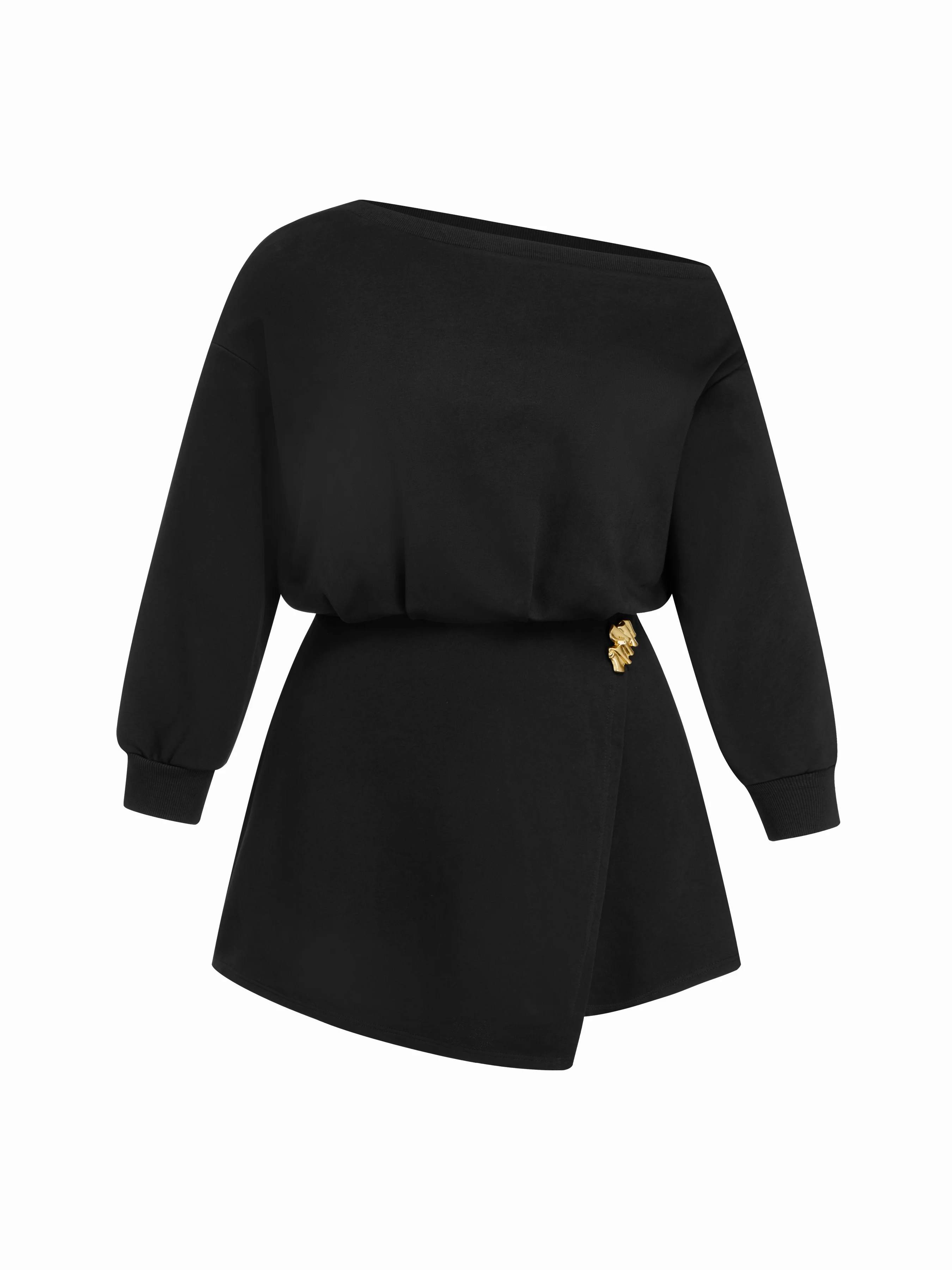 Cotton-blend Asymmetrical Neck Metal Detail Sweatshirt Mini Dress Curve & Plus