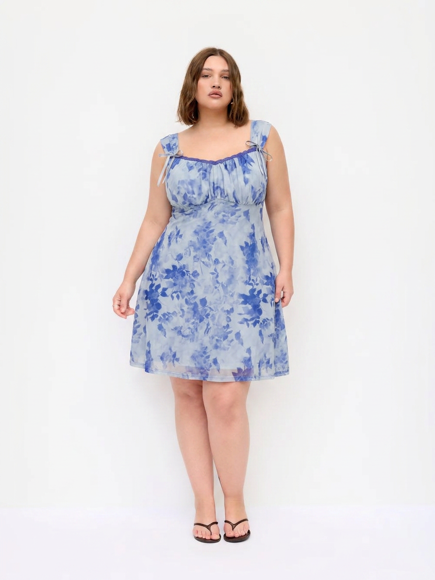 Mesh Sweetheart Neck Floral Lace Trim Knotted Mini Dress Curve & Plus