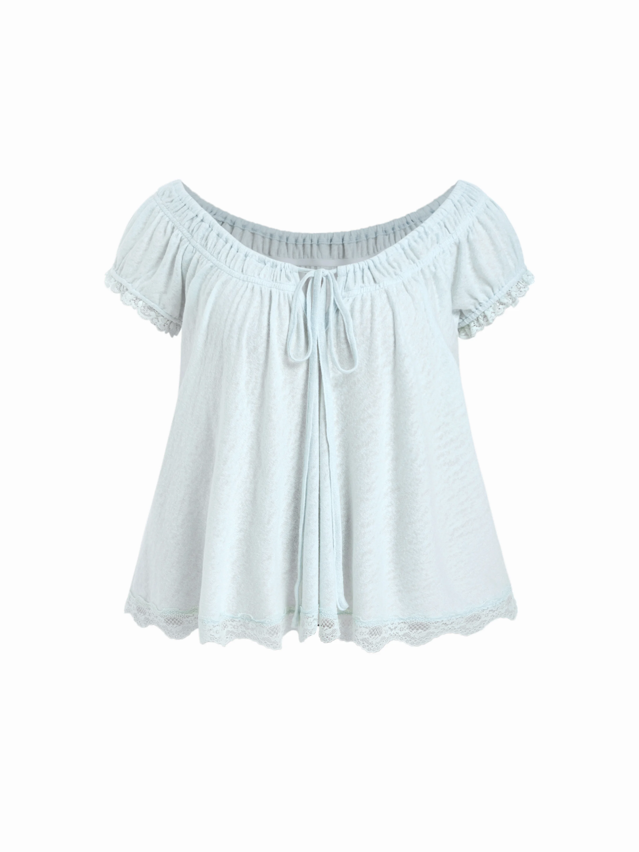 Textured Scoop Neck Drawstring Lace Trim Oversized Top Curve & Plus