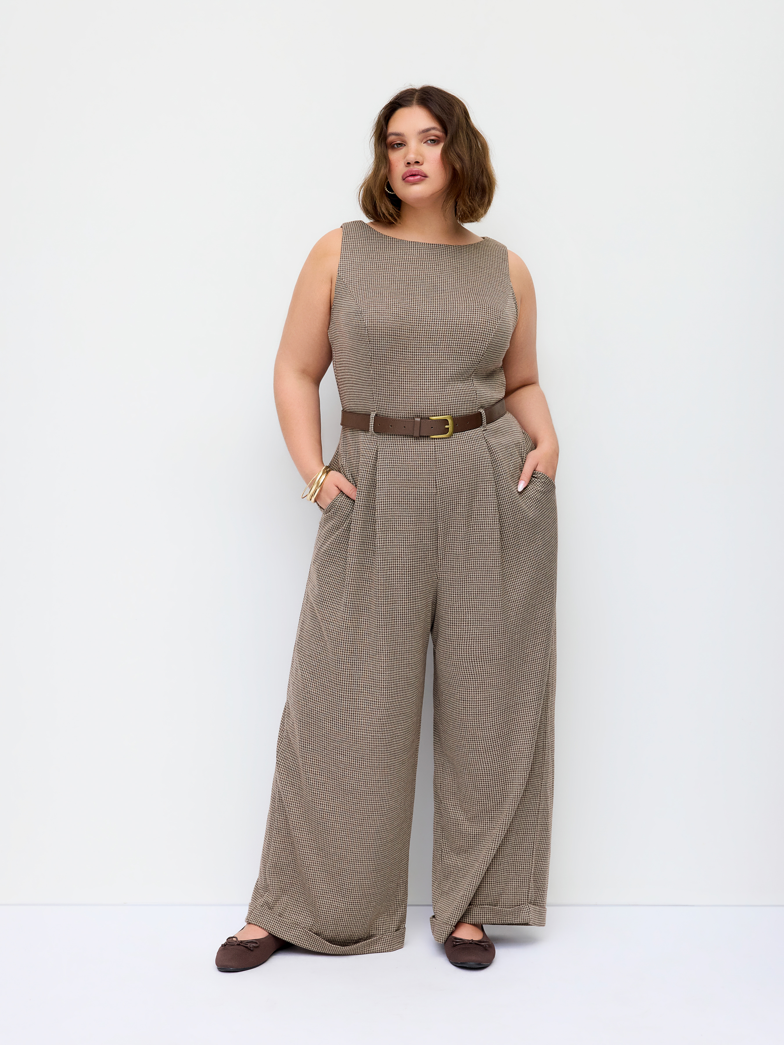 Houndstooth Boat Neck Zipper Wide Leg Jumpsuit With Belt Curve & Plus