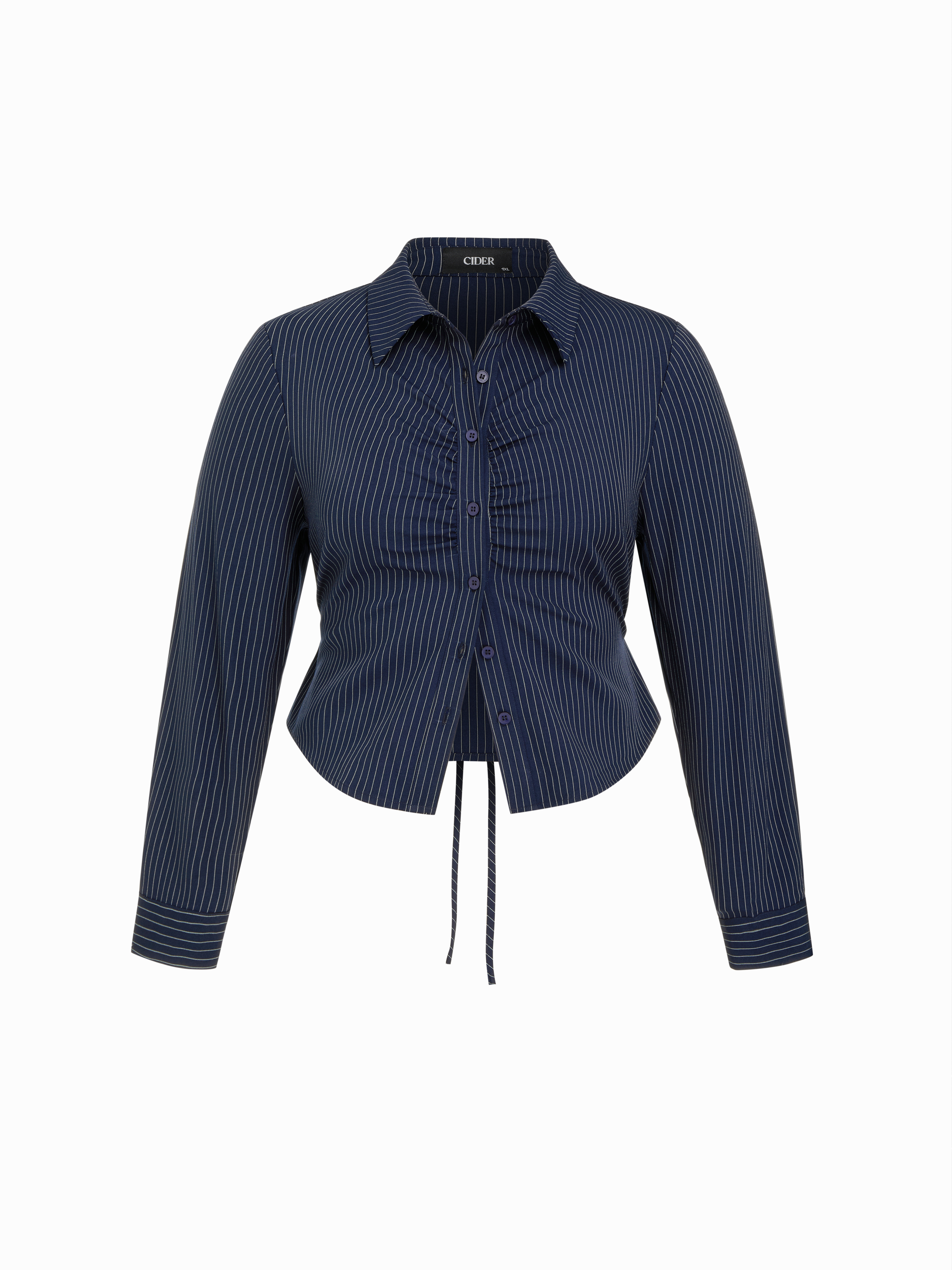 Long Sleeve Striped Ruched Front Drawstring Shirt Curve & Plus
