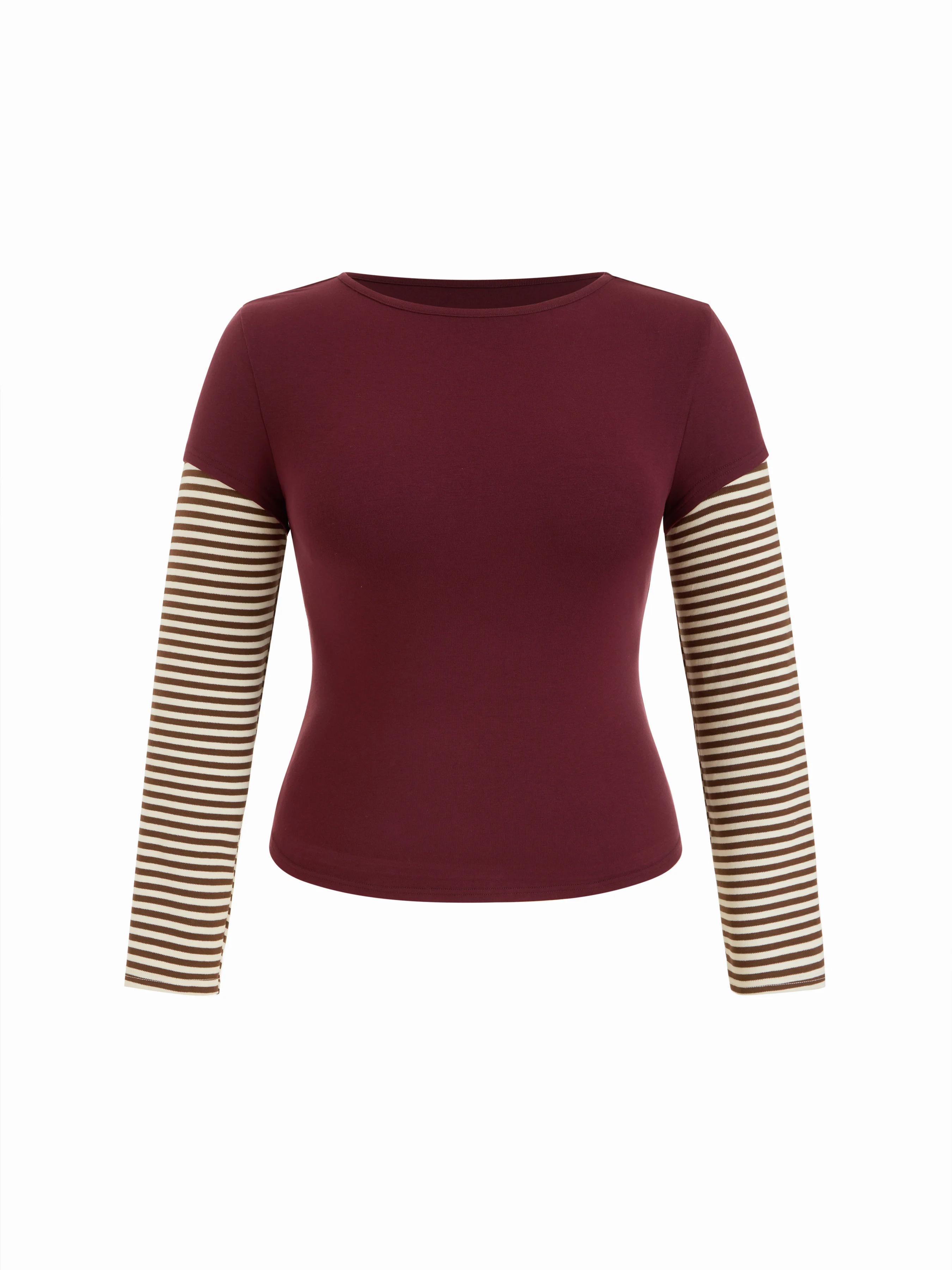 Cotton Striped Round Neckline Colorblock Top Curve & Plus