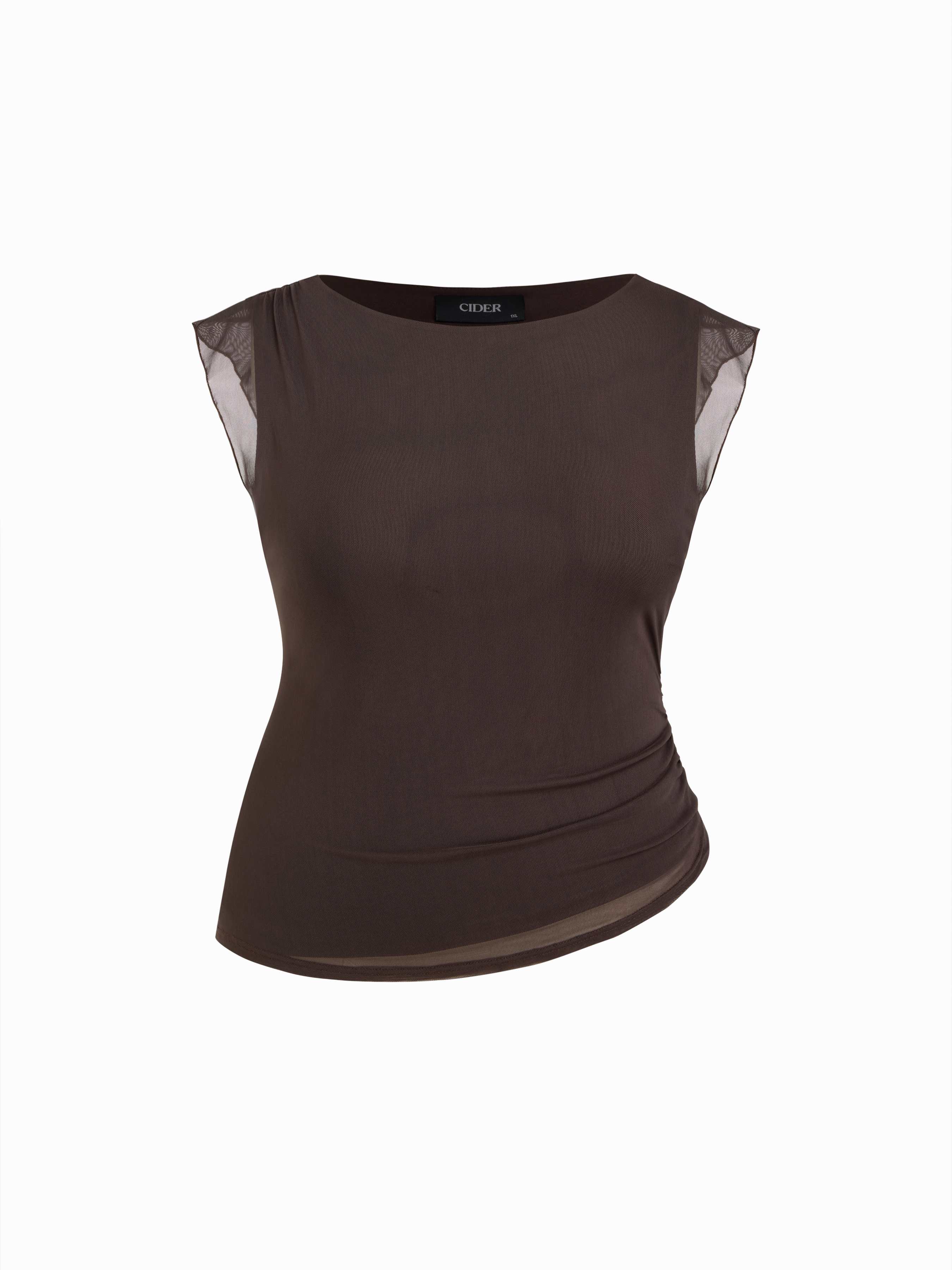 Mesh Boat Neck Lettuce Trim Ruched Top Curve & Plus
