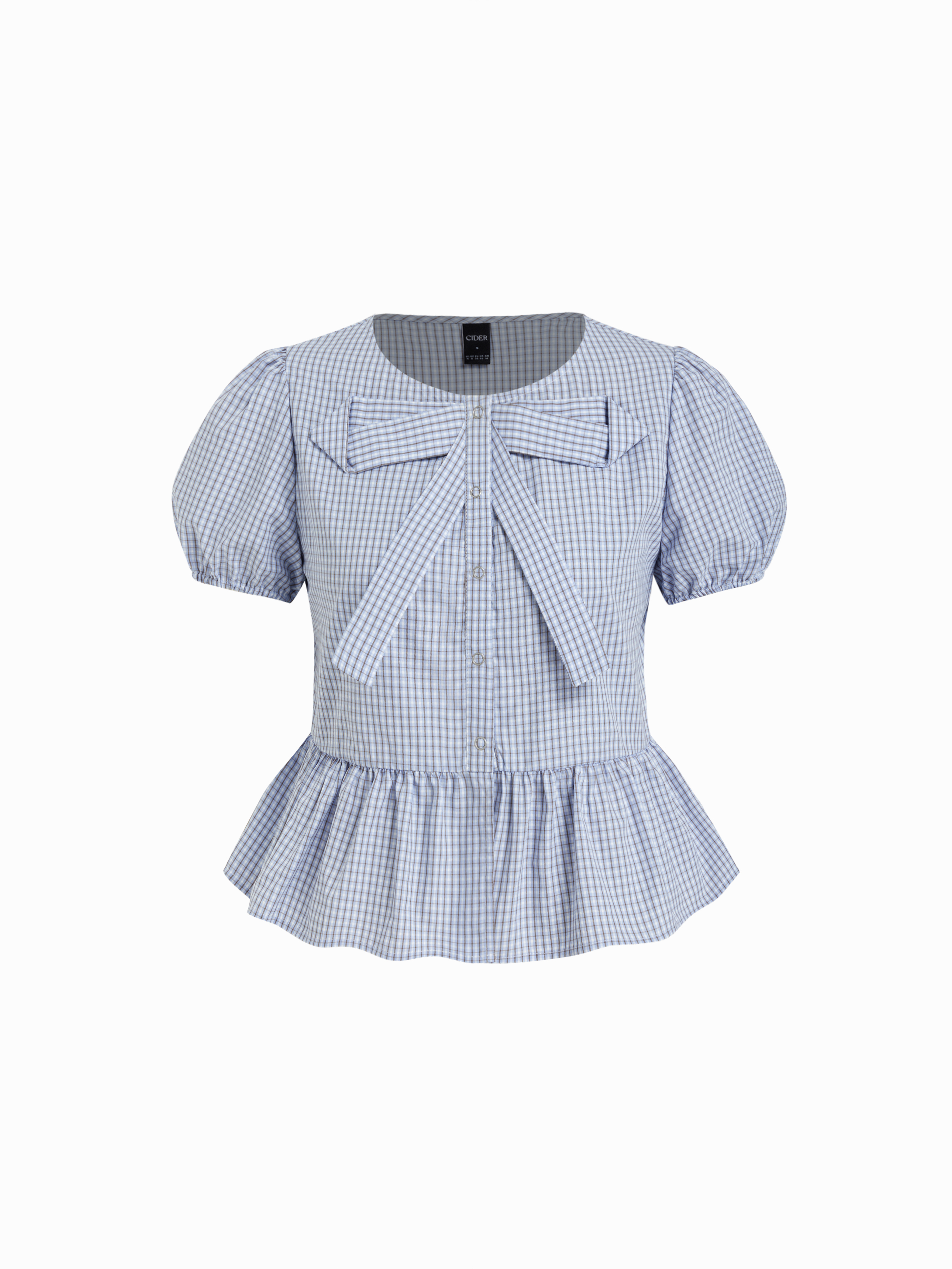 Cotton-blend Gingham Puff Sleeve Bowknot Peplum Hem Blouse
