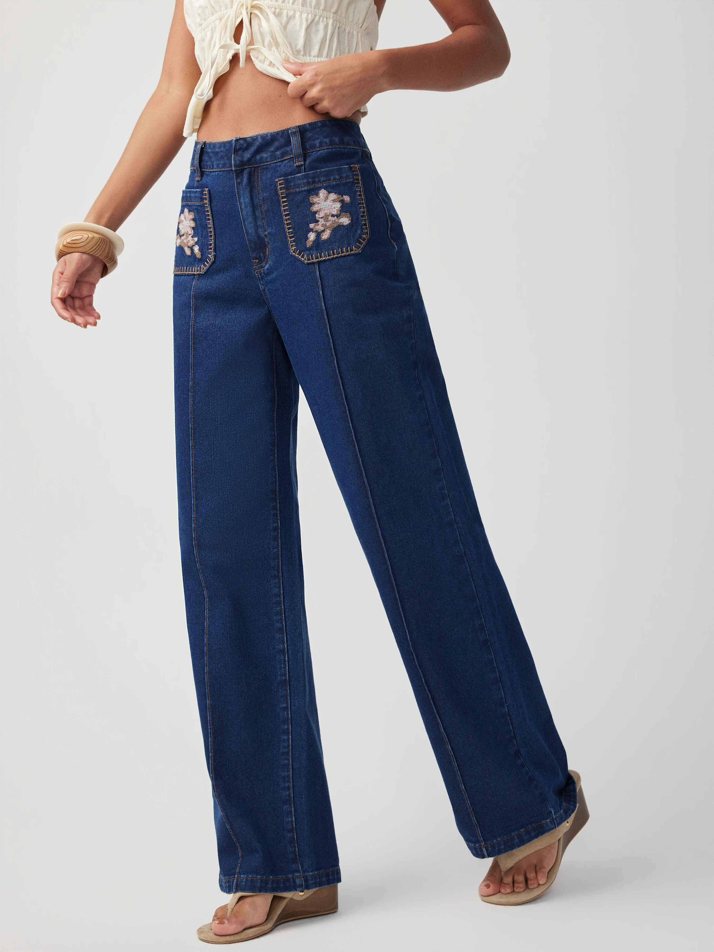 Floral Embroidery High-Waist Straight Leg Denim Jeans