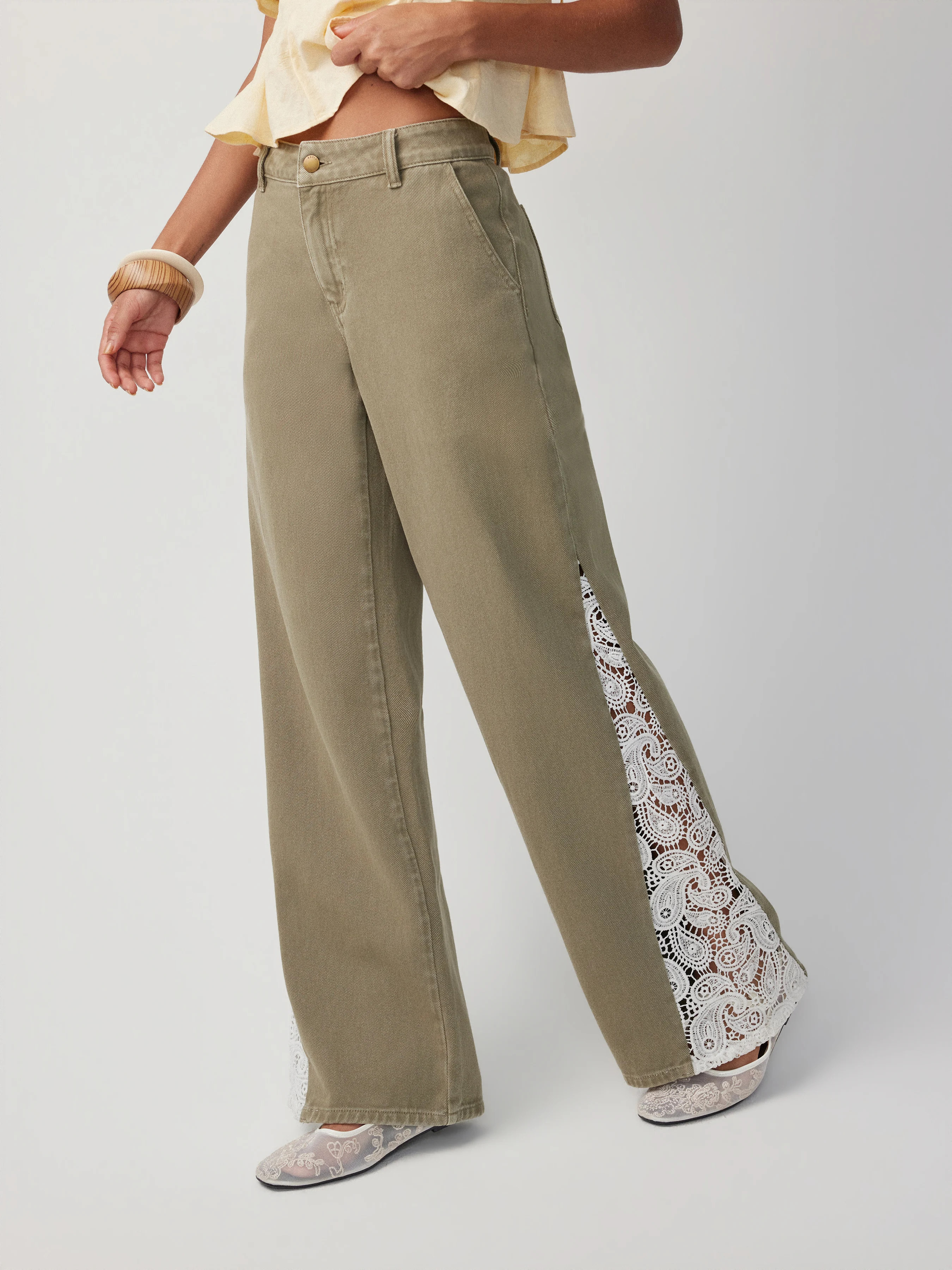 Washed Denim Low Rise Lace Panel Oversized Jeans