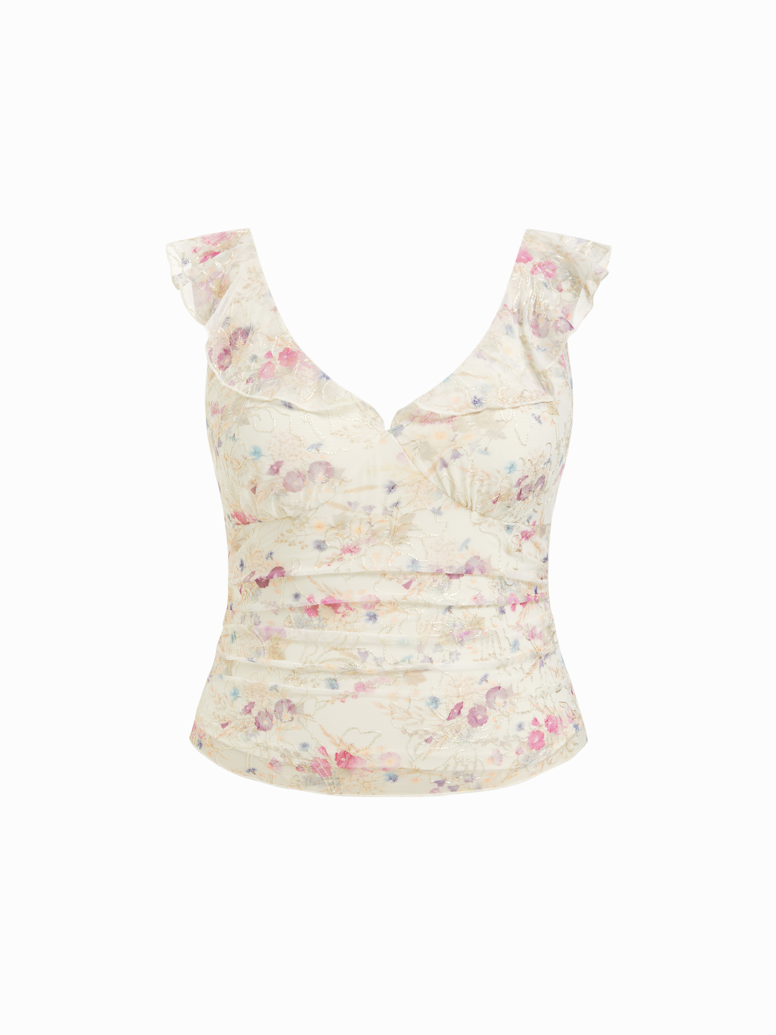 Mesh Jacquard Floral V-neck Ruffled Cami Blouse Curve & Plus