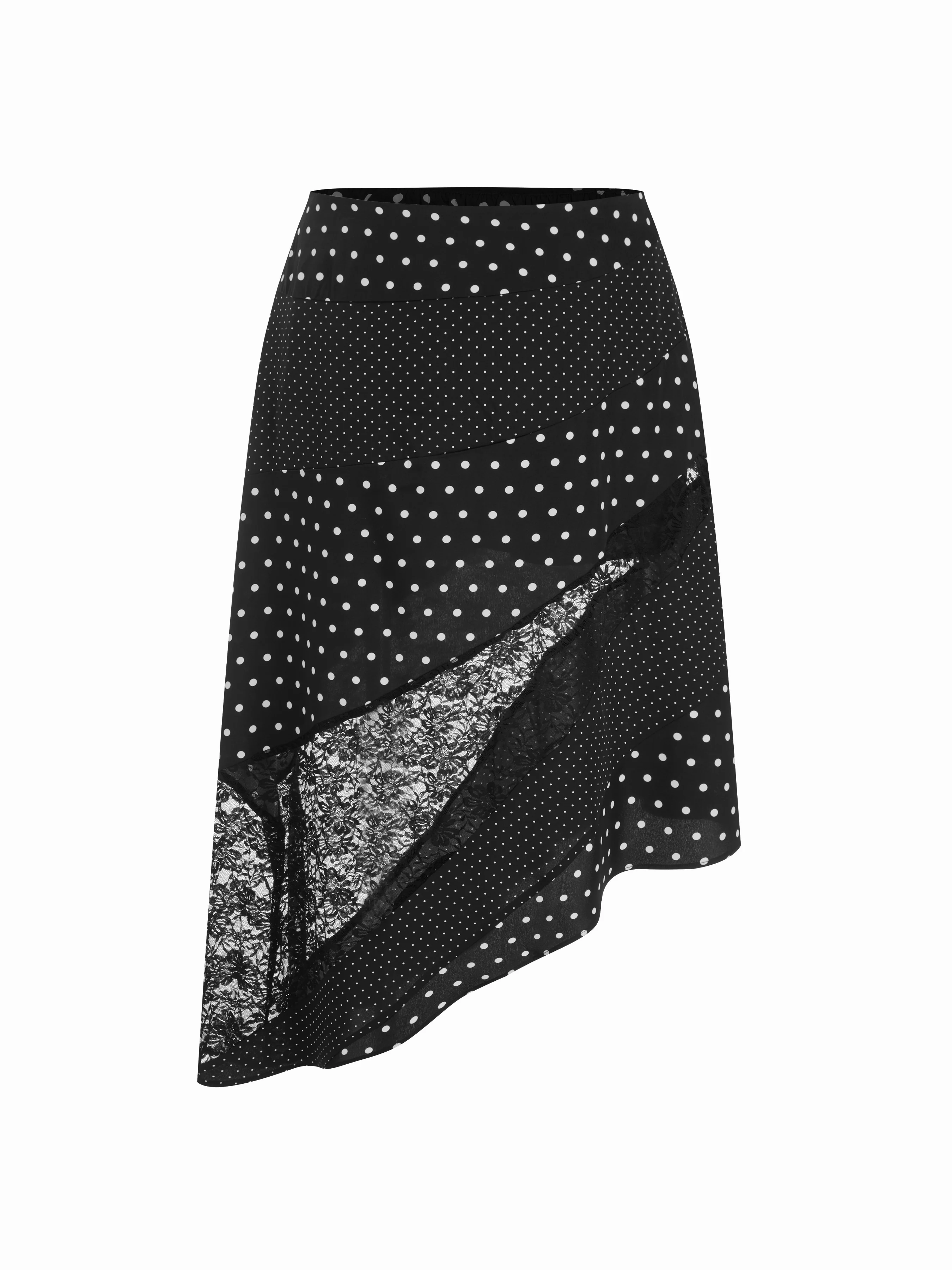 Satin Mid Rise Polka Dot Lace Panel Asymmetrical Flared Midi Skirt Curve & Plus