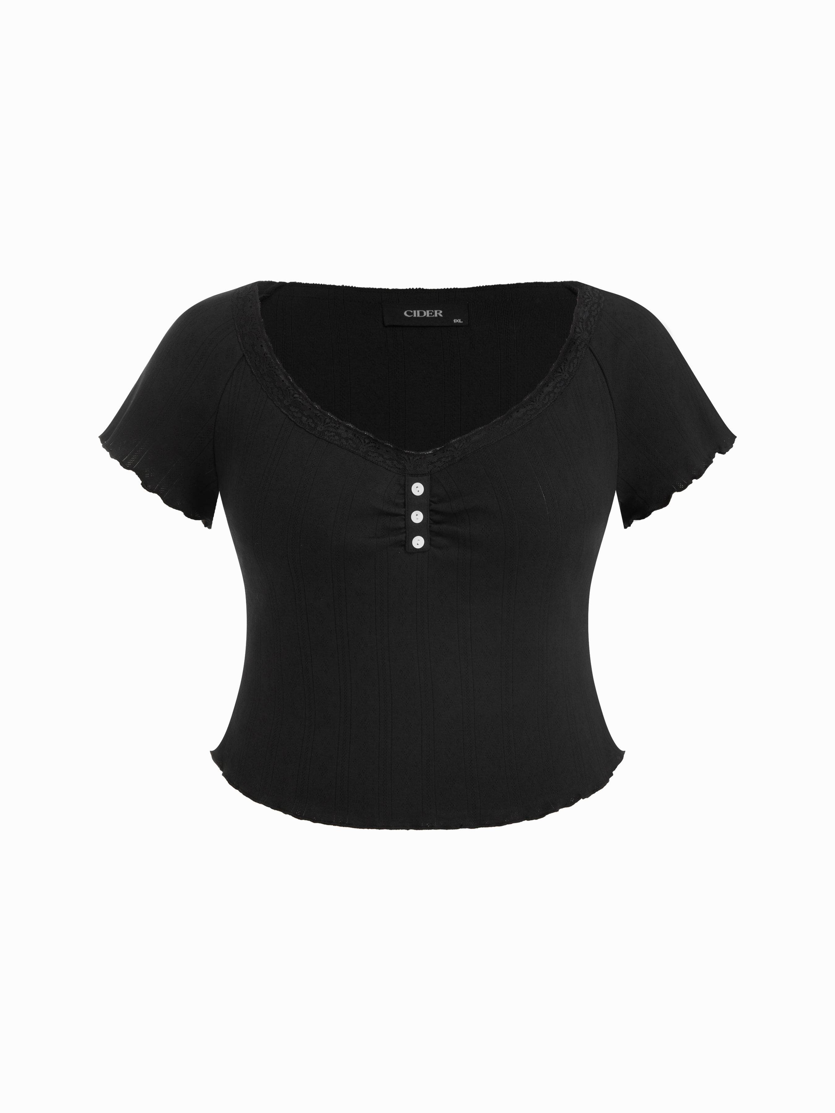 100% Cotton Pointelle Scoop Neck Lace Ruffle Sleeve Tee Curve & Plus