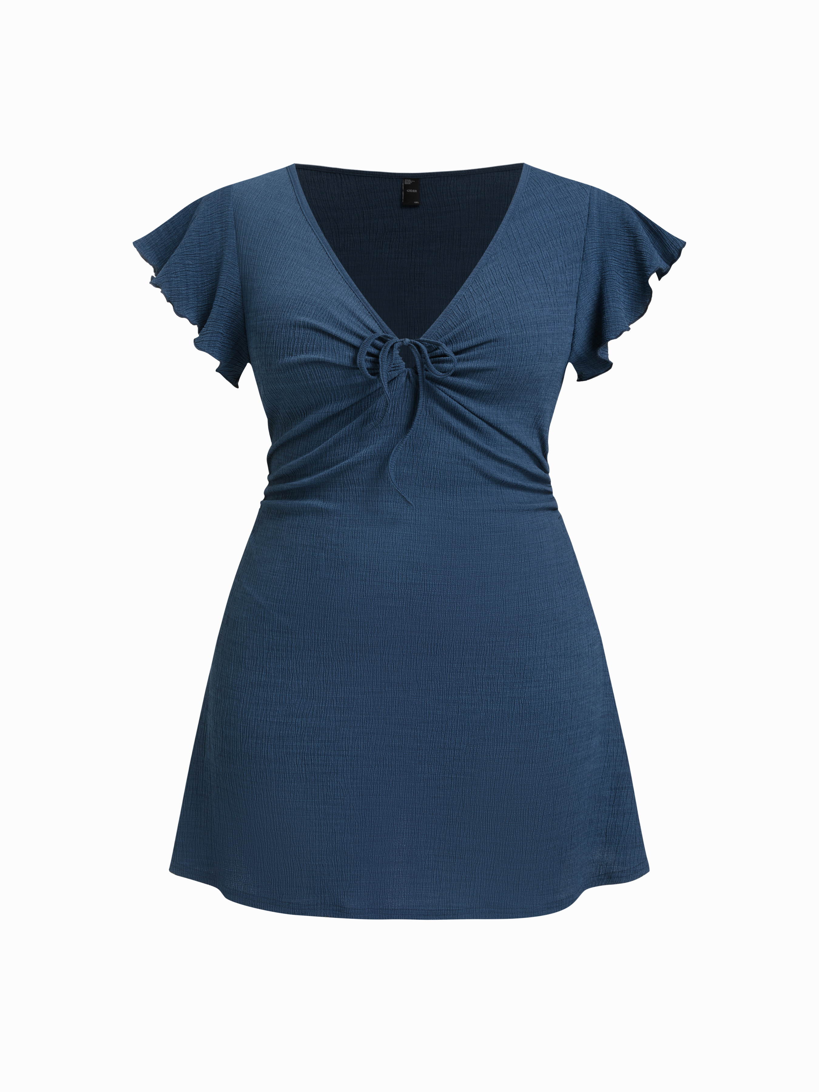 Textured V-neck Ruffle Sleeve Drawstring A-line Mini Dress Curve & Plus