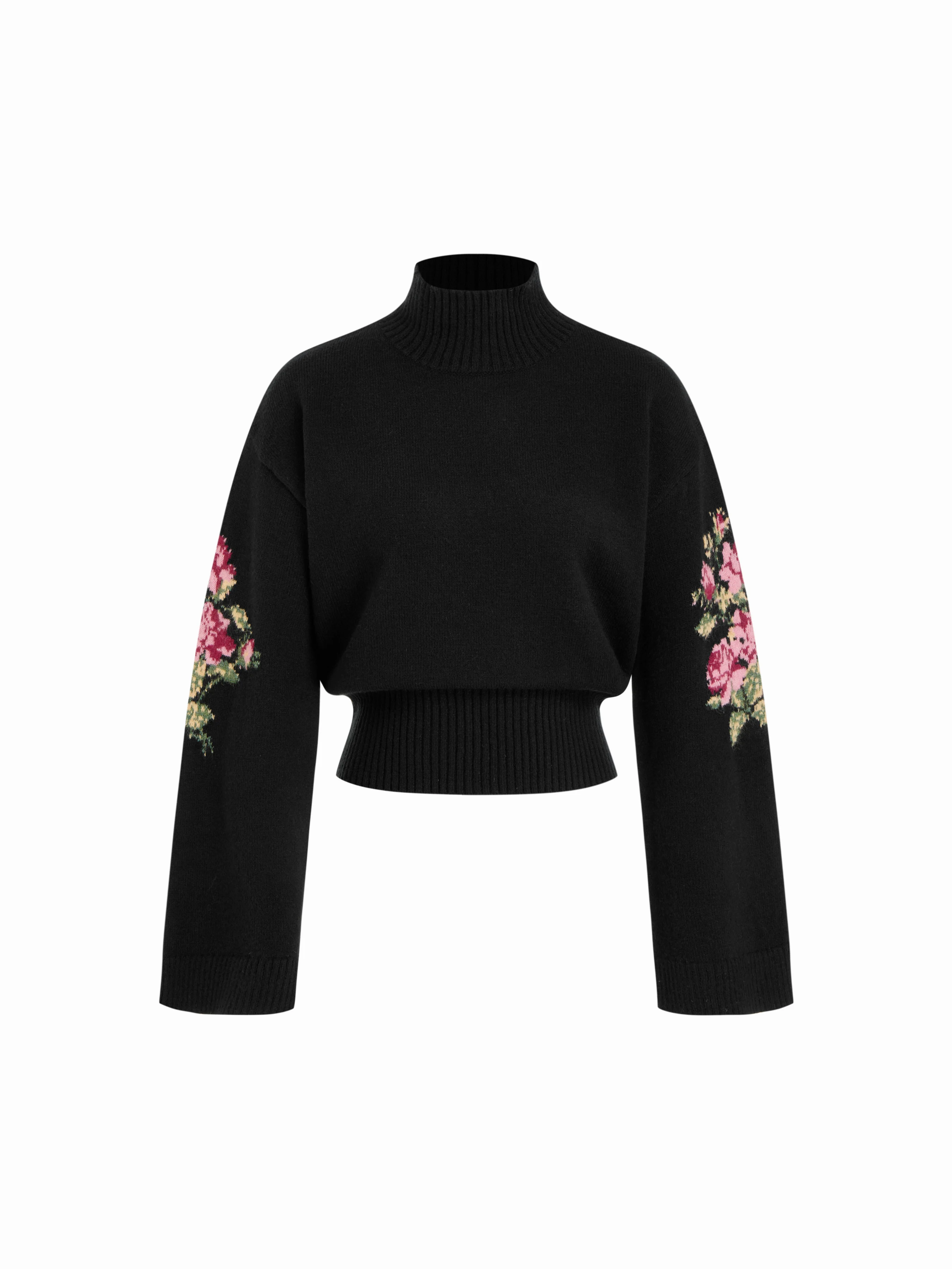 Knit Floral Graphic High Neck Long Sleeve Sweater