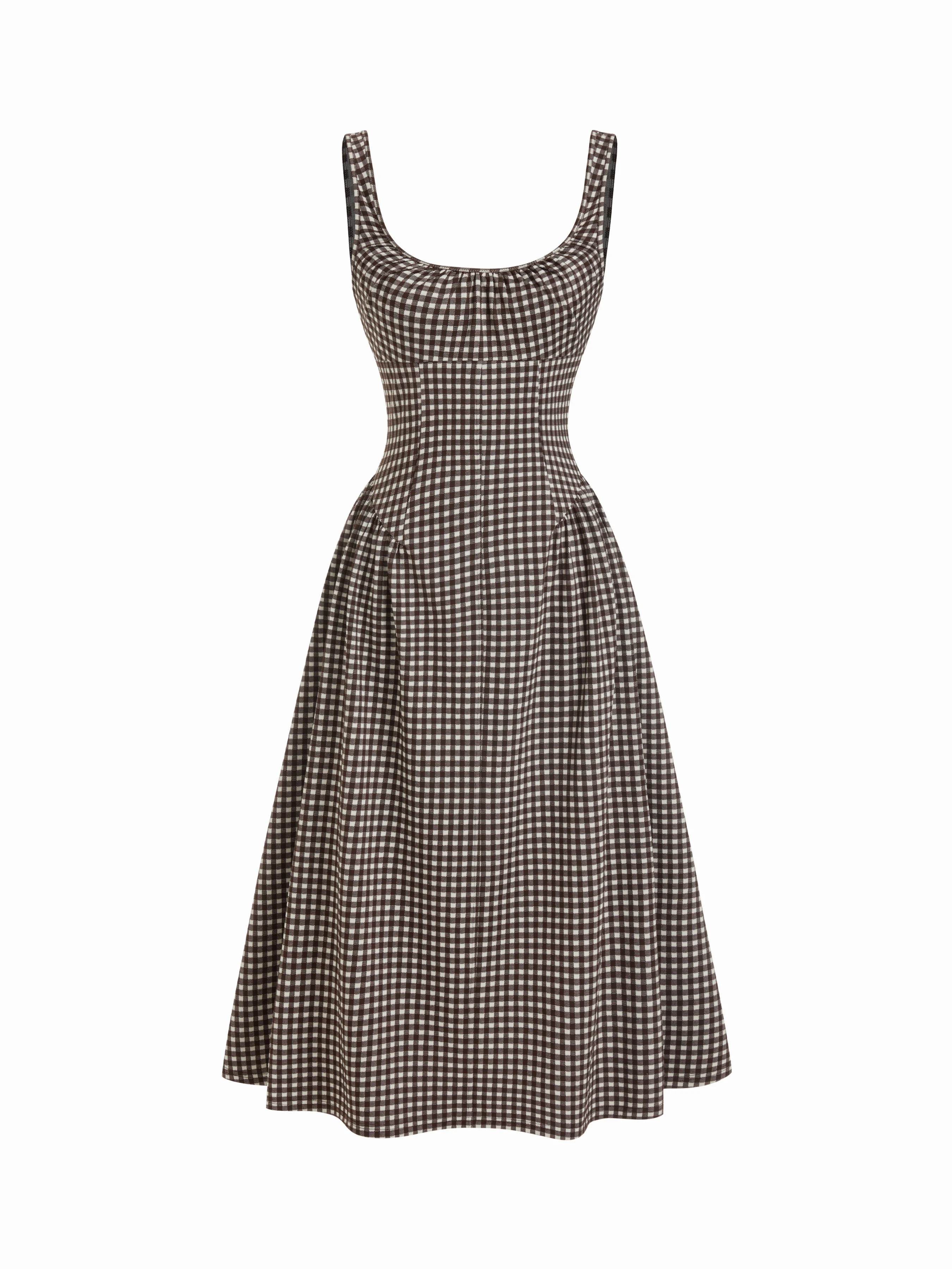 Gingham Scoop Neck Ruched A-line Midi Dress