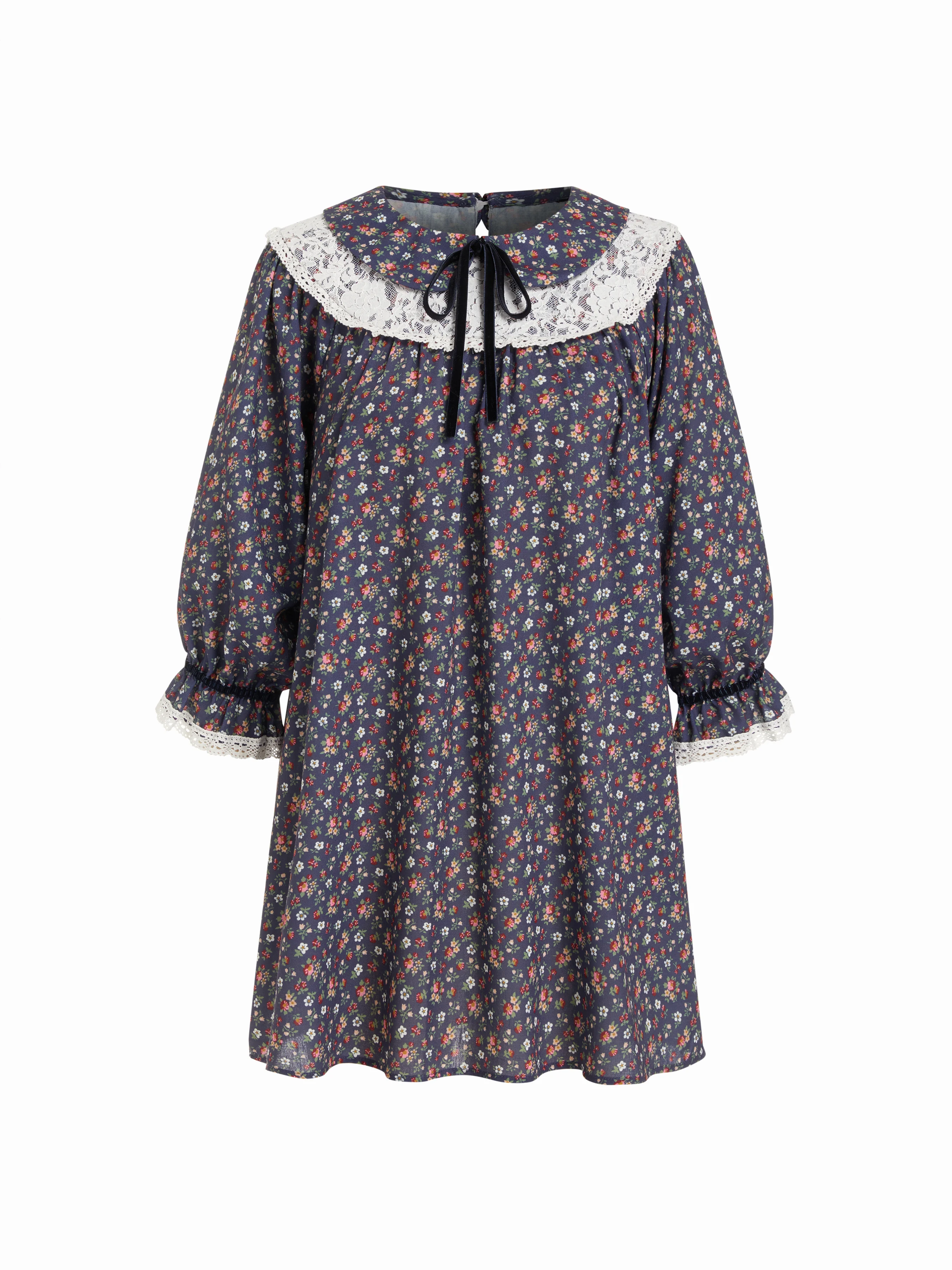 Floral Lace Trim Bowknot Long Sleeve Loungewear Mini Dress