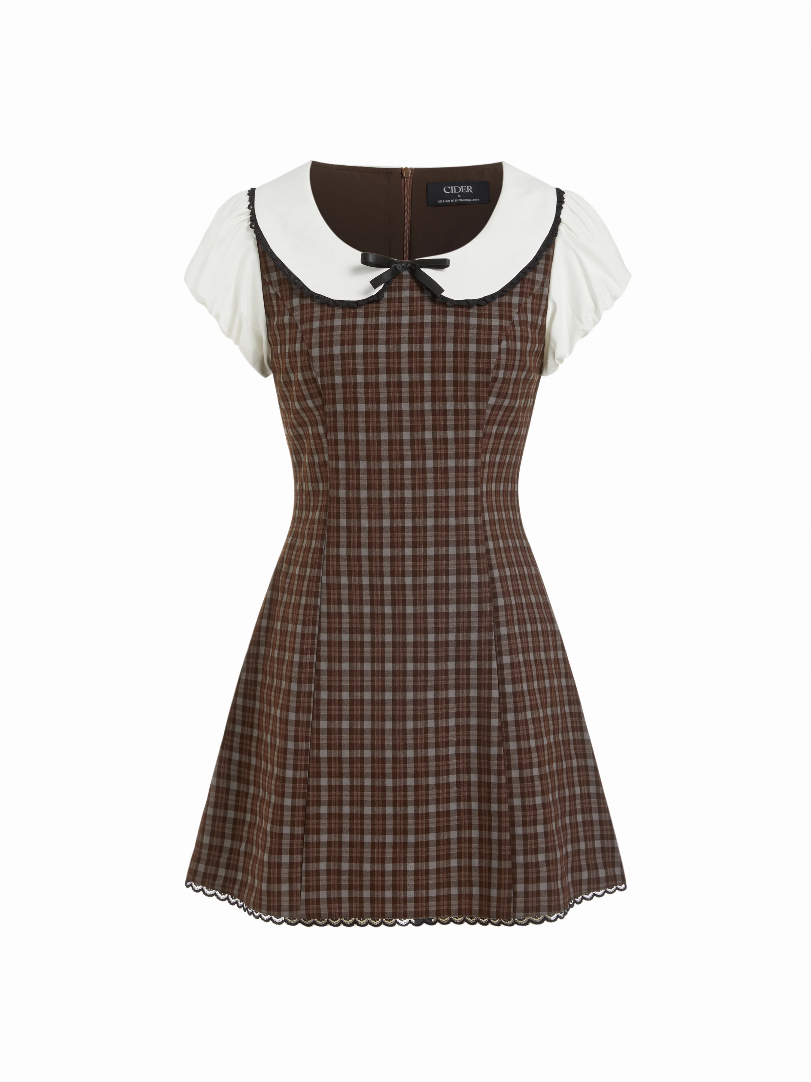 Cotton-blend Plaid Peter Pan Collar Puff Sleeve Bowknot A-line Mini Dress