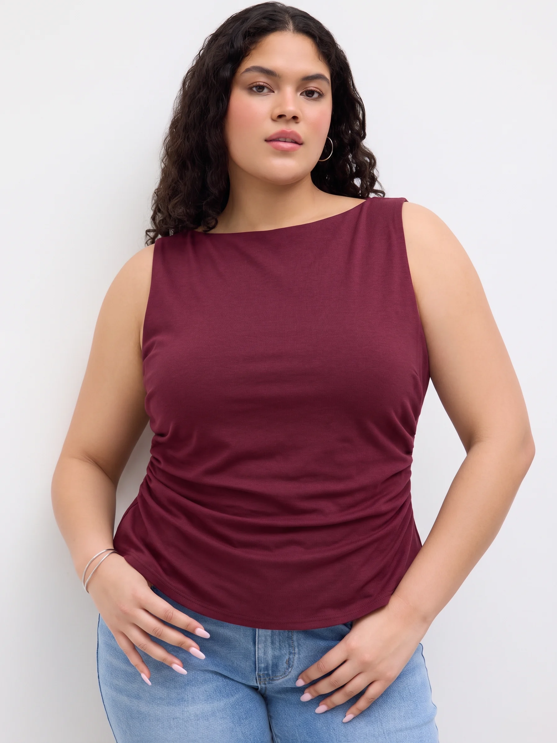 Linen-blend Boat Neckline Bowknot Tank Top Curve & Plus