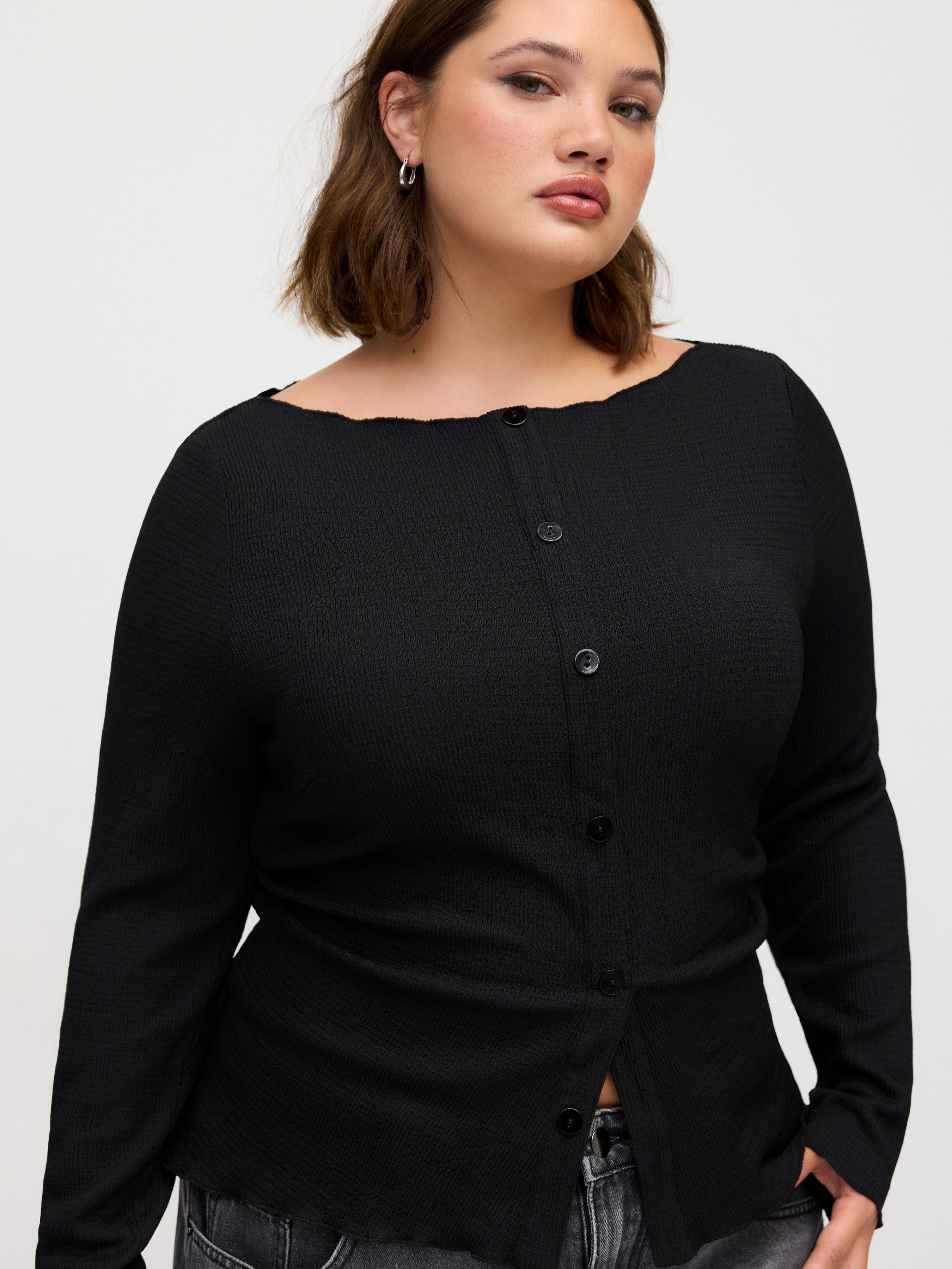 Boat Neck Lettuce Trim Button Knotted Long Sleeve Top Curve & Plus