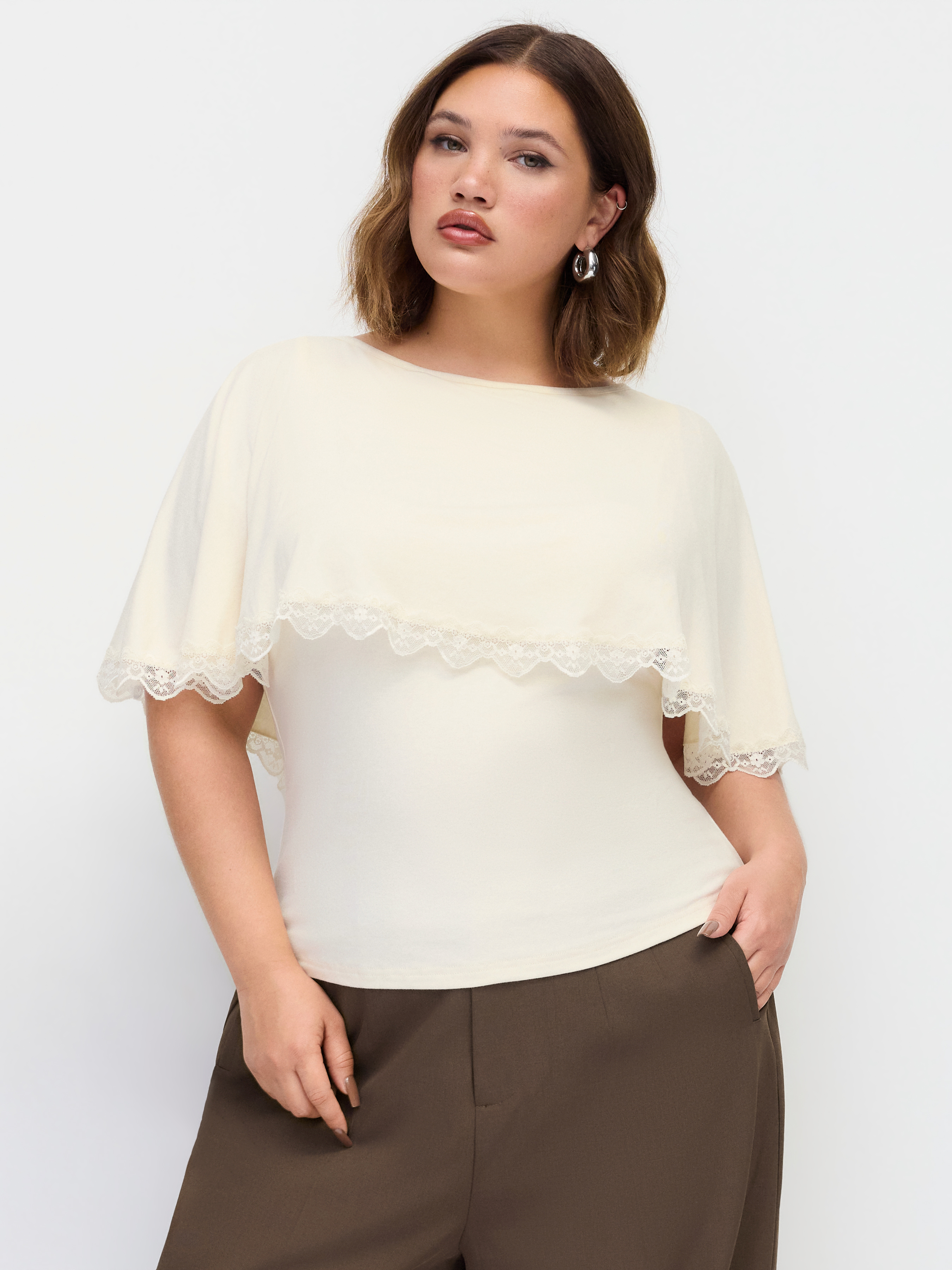 Boat Neck Cloak Sleeve Lace Trim Tie Back Top Curve & Plus